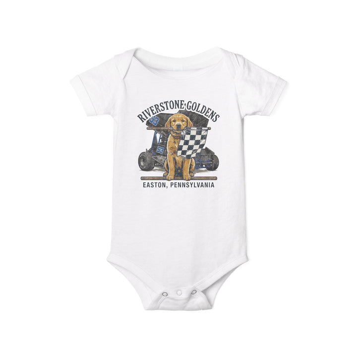 Riverstone Goldens Racing Baby Onesie