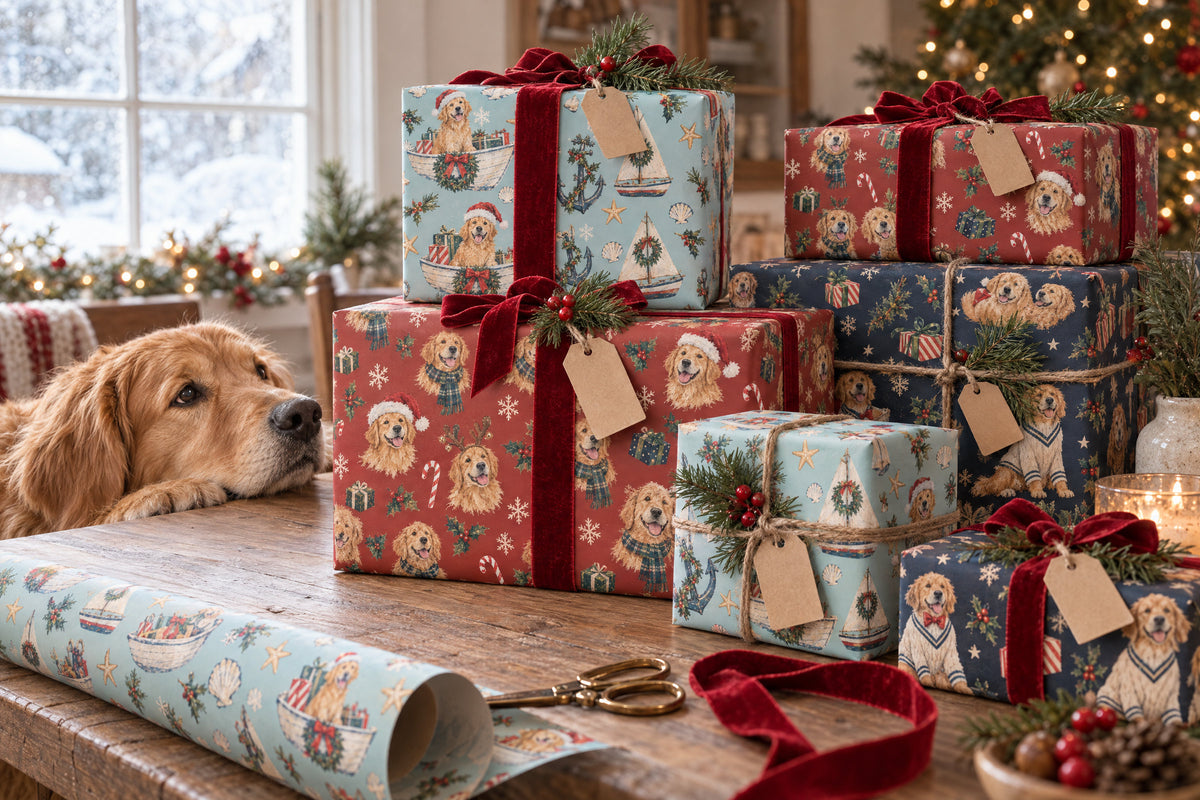Presents wrapped in golden retriever Christmas wrapping paper, a golden resting its chin on the table