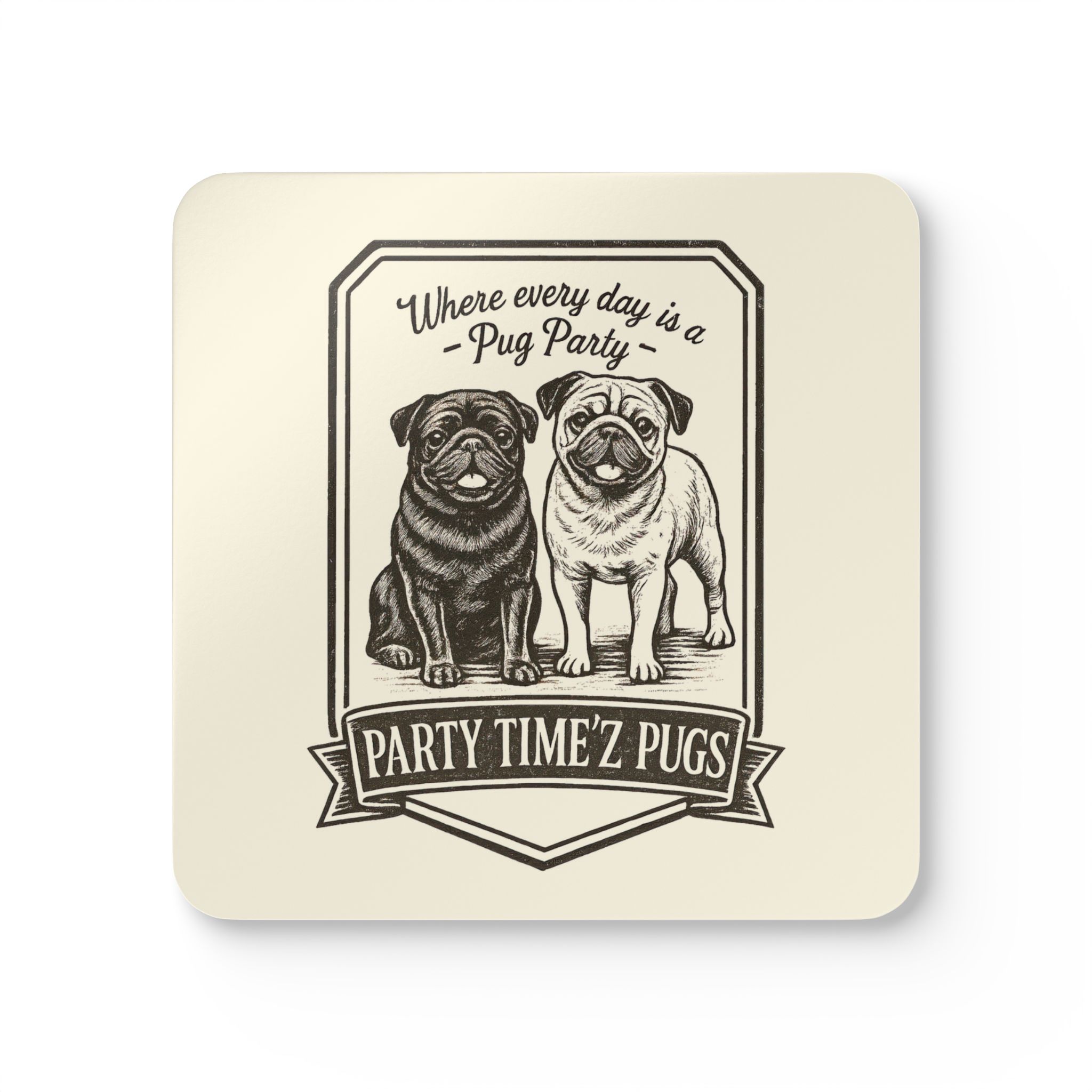 Party Time'Z Pugs Corkwood Coaster Set