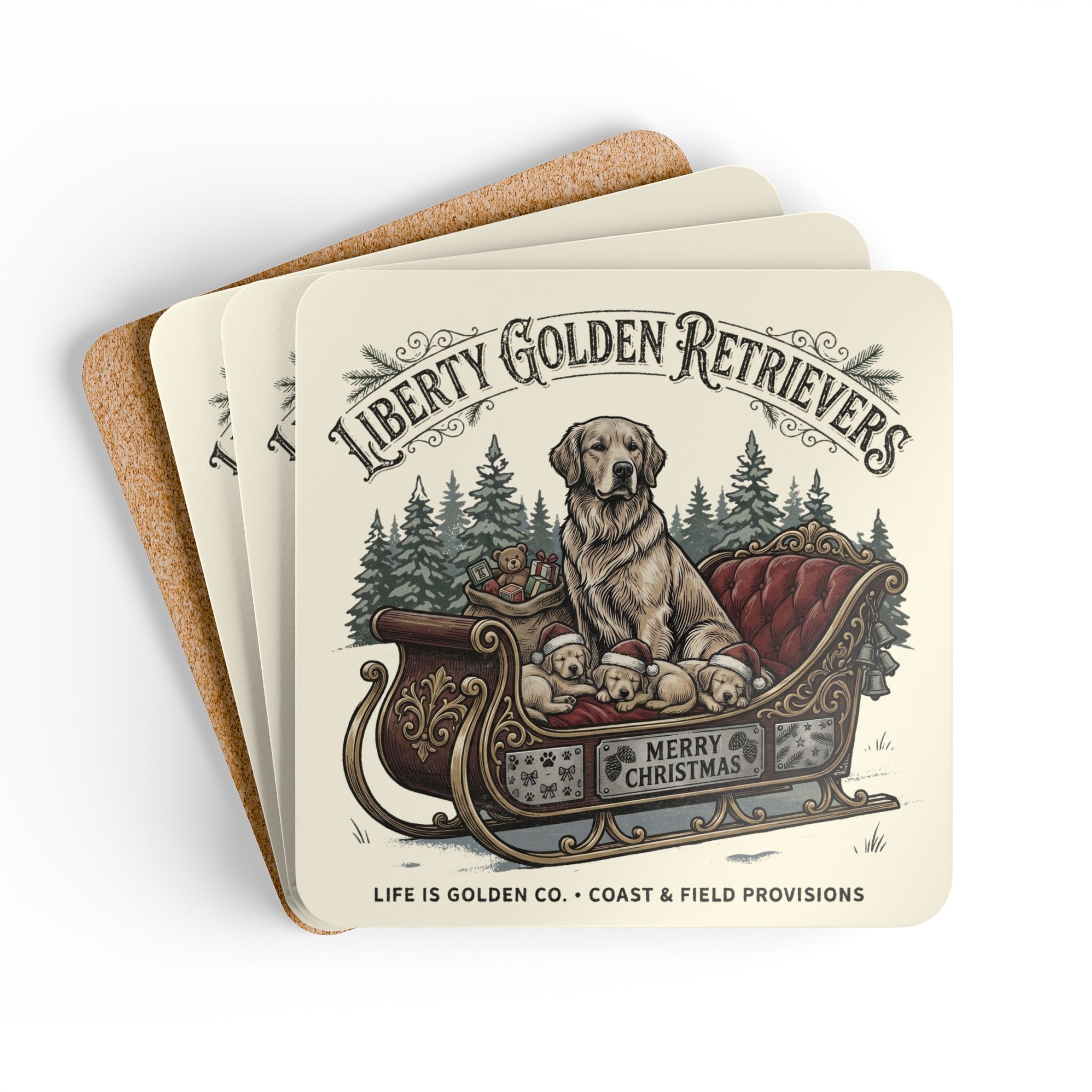 Liberty Goldens Christmas Corkwood Coaster Set