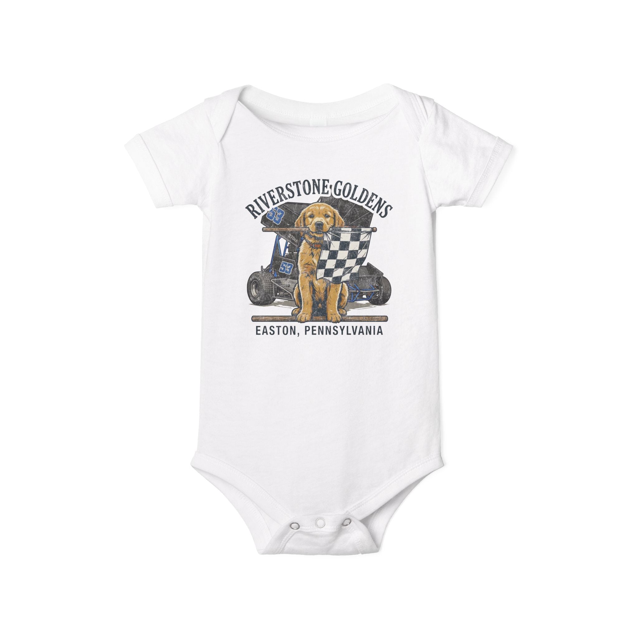 Riverstone Goldens Racing Baby Onesie