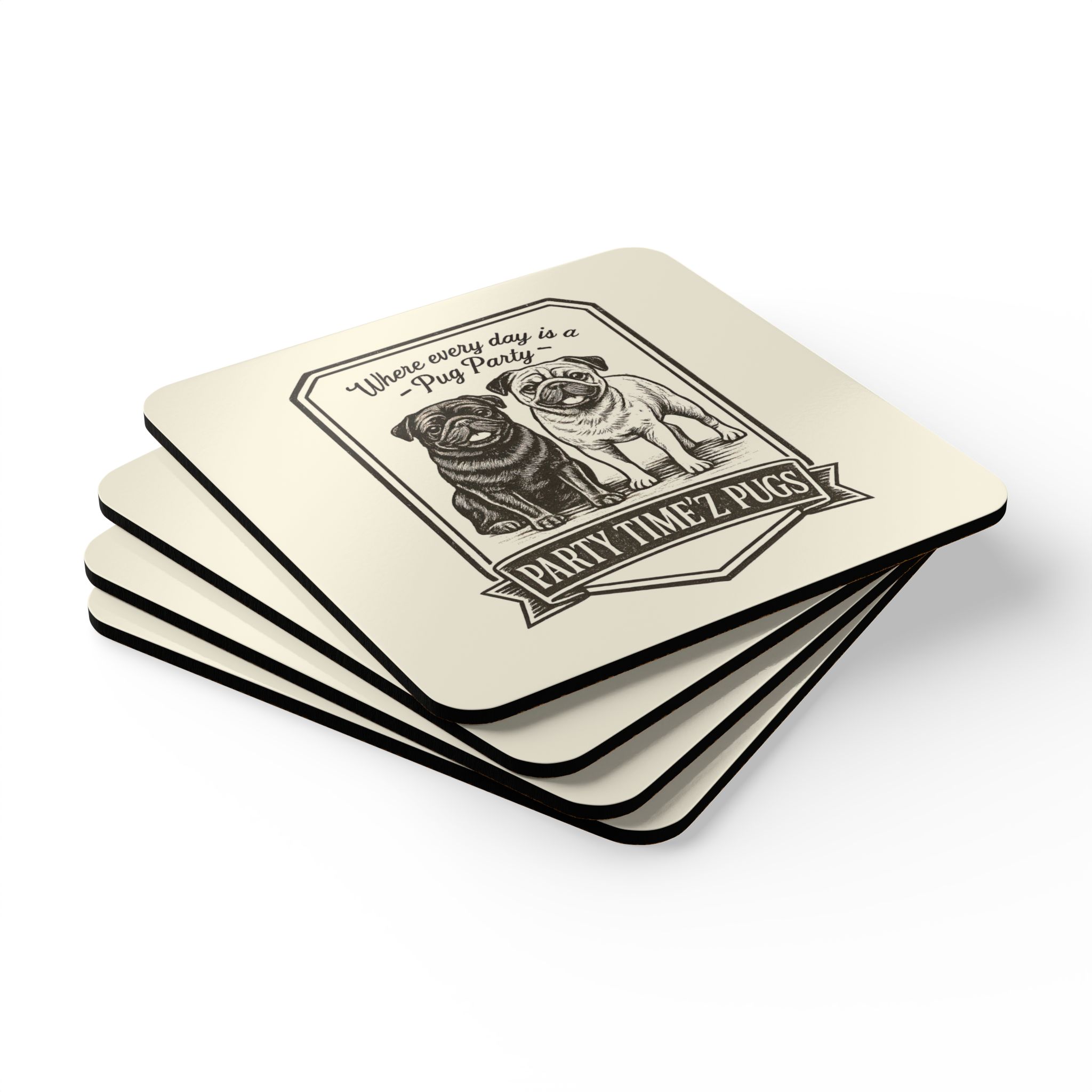 Party Time'Z Pugs Corkwood Coaster Set