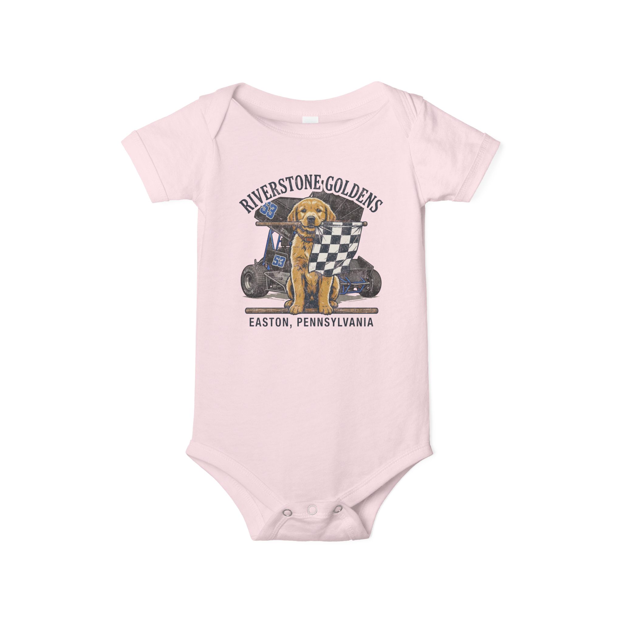 Riverstone Goldens Racing Baby Onesie