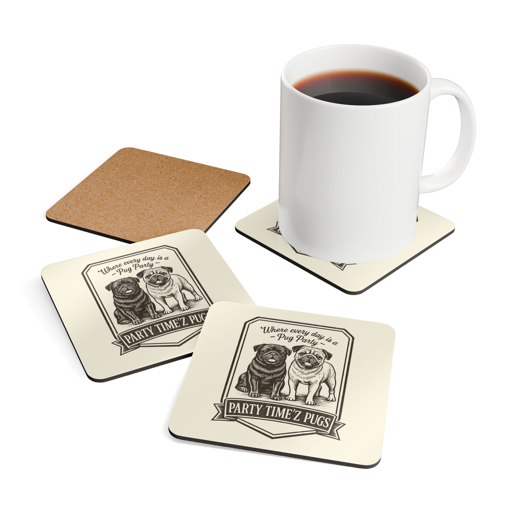 Party Time'Z Pugs Corkwood Coaster Set