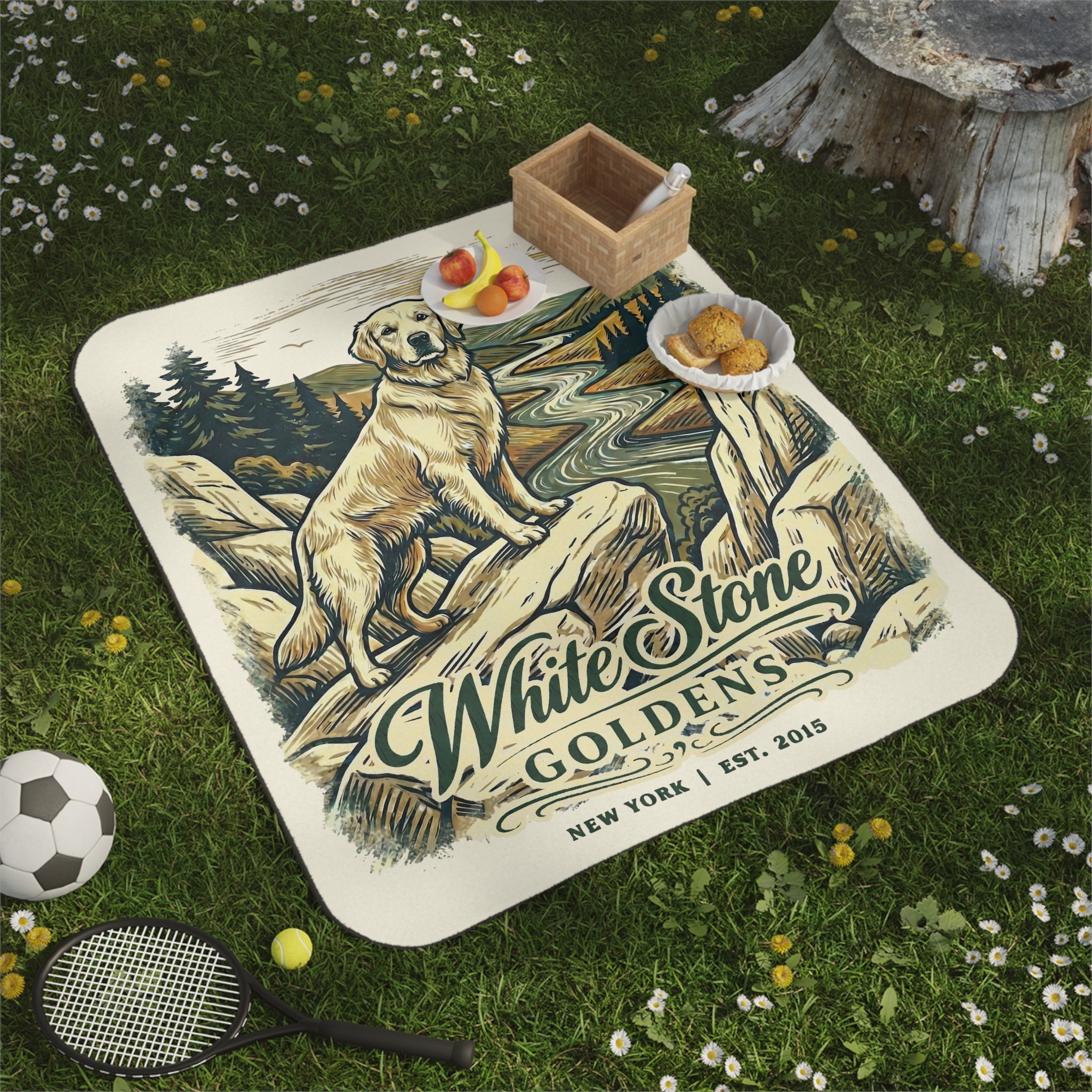 White Stone Goldens Picnic Blanket with Water Resistant Backing