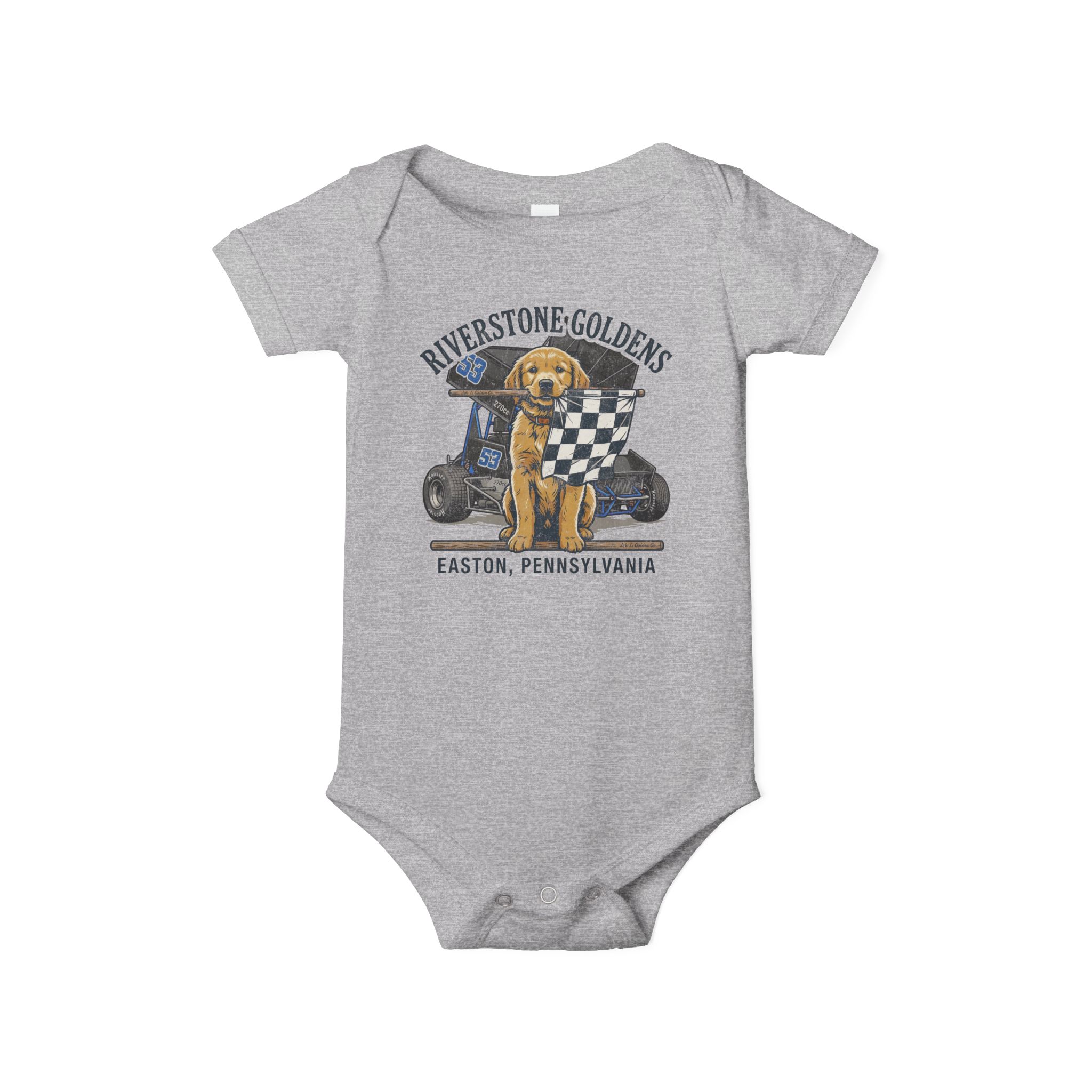 Riverstone Goldens Racing Baby Onesie