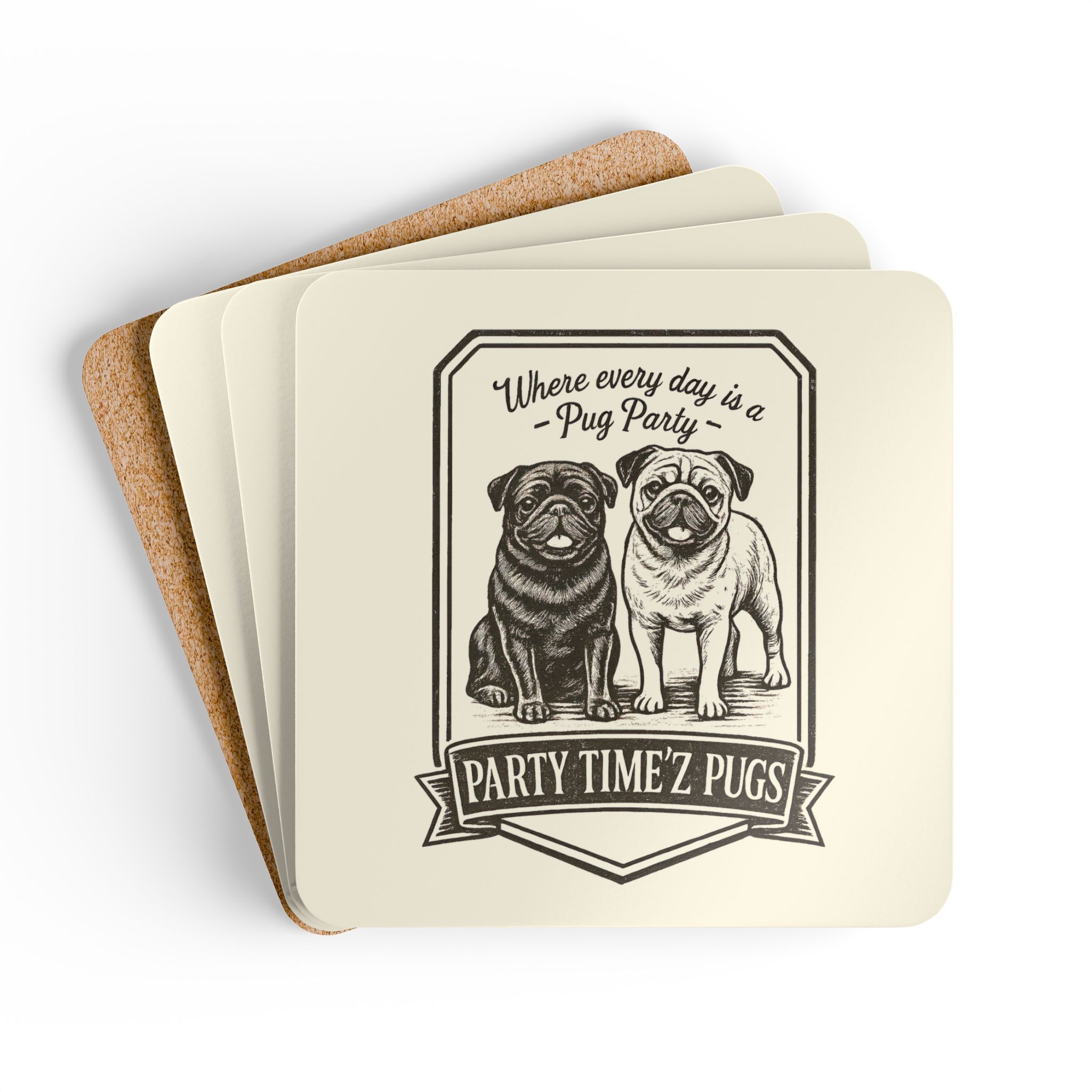 Party Time'Z Pugs Corkwood Coaster Set