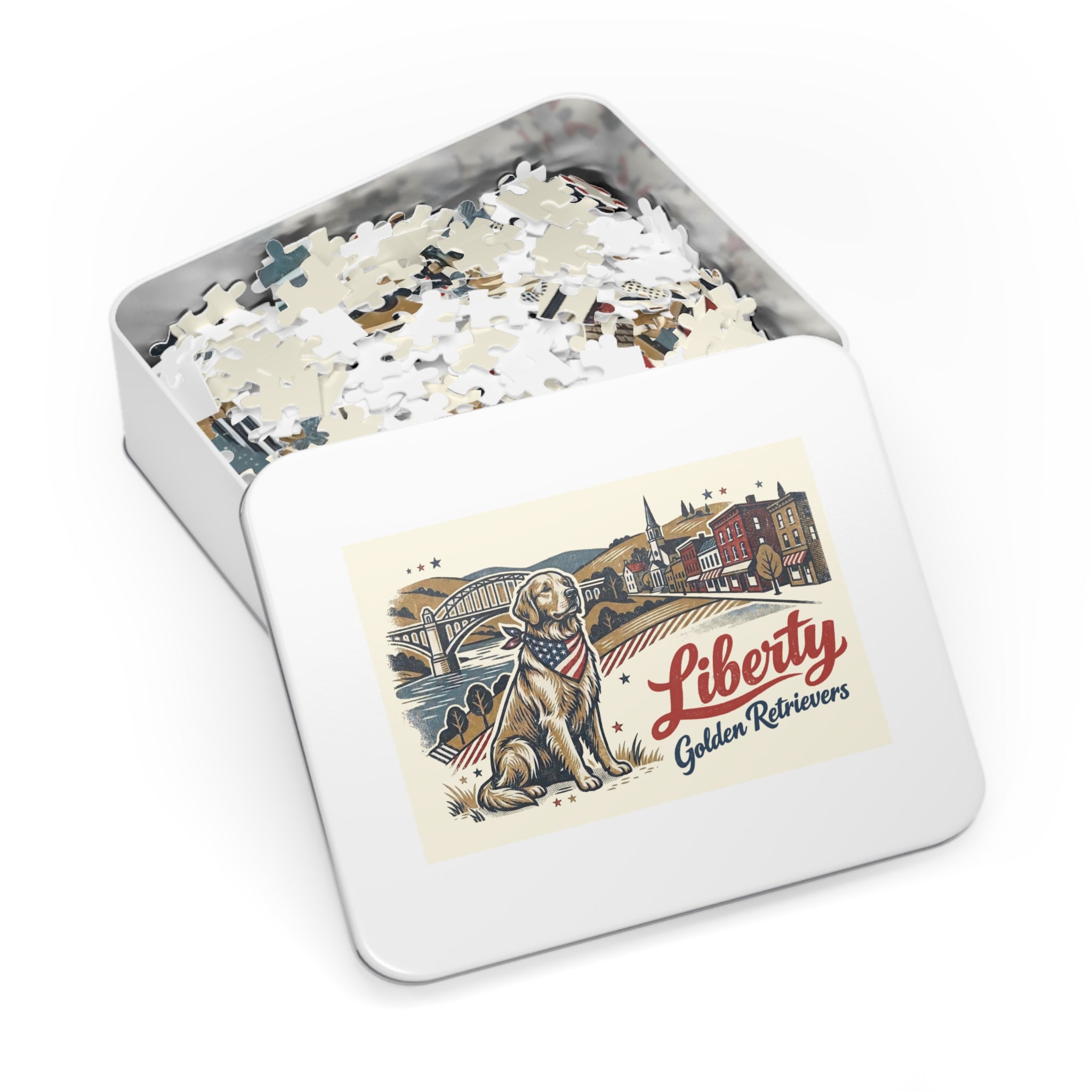 Liberty Golden Retrievers II 1000 piece Jigsaw Puzzle with Tin