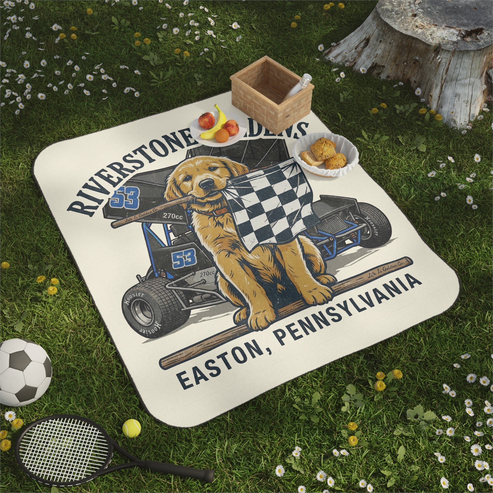 Riverstone Goldens Racing Picnic Blanket with Water Resistant Backing