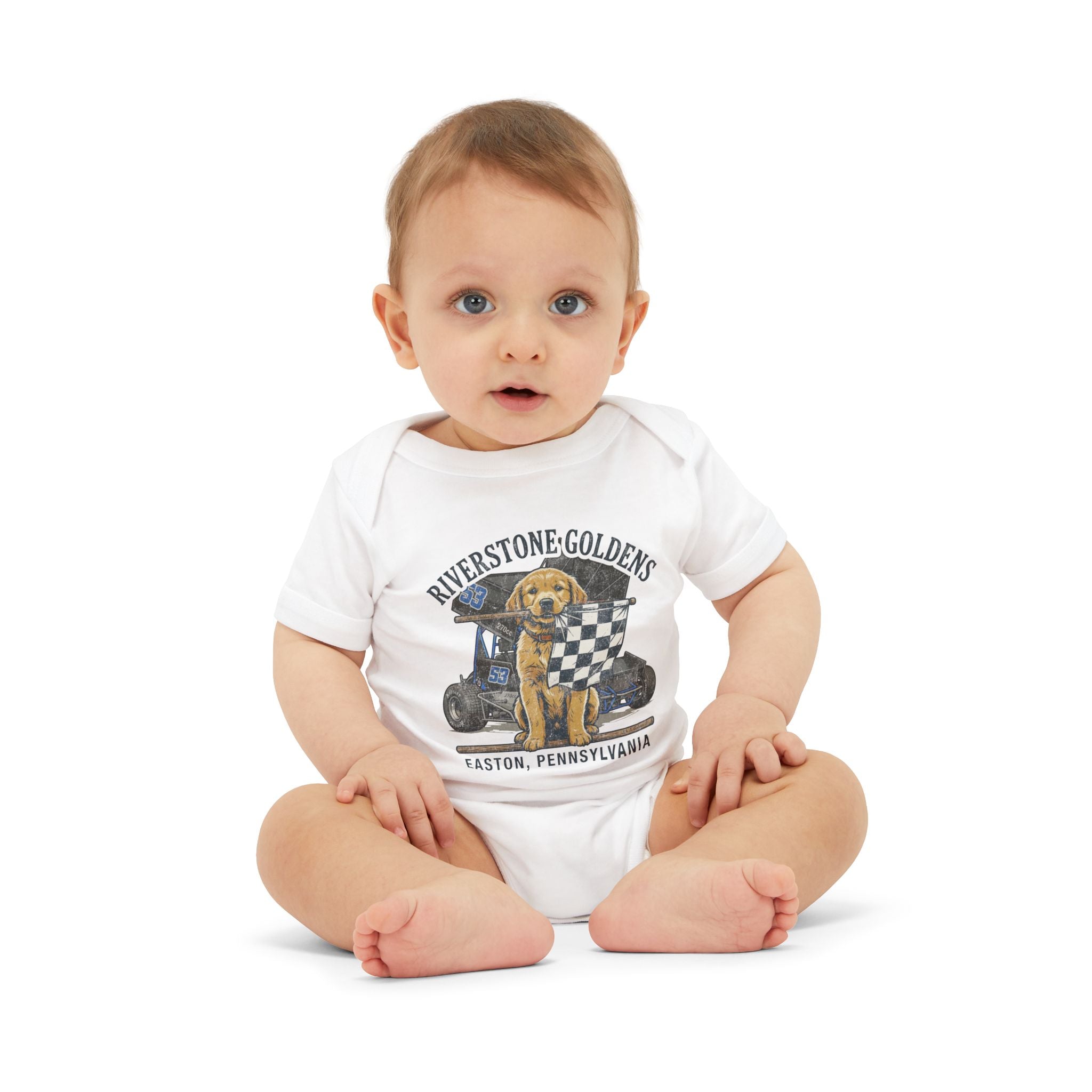 Riverstone Goldens Racing Baby Onesie