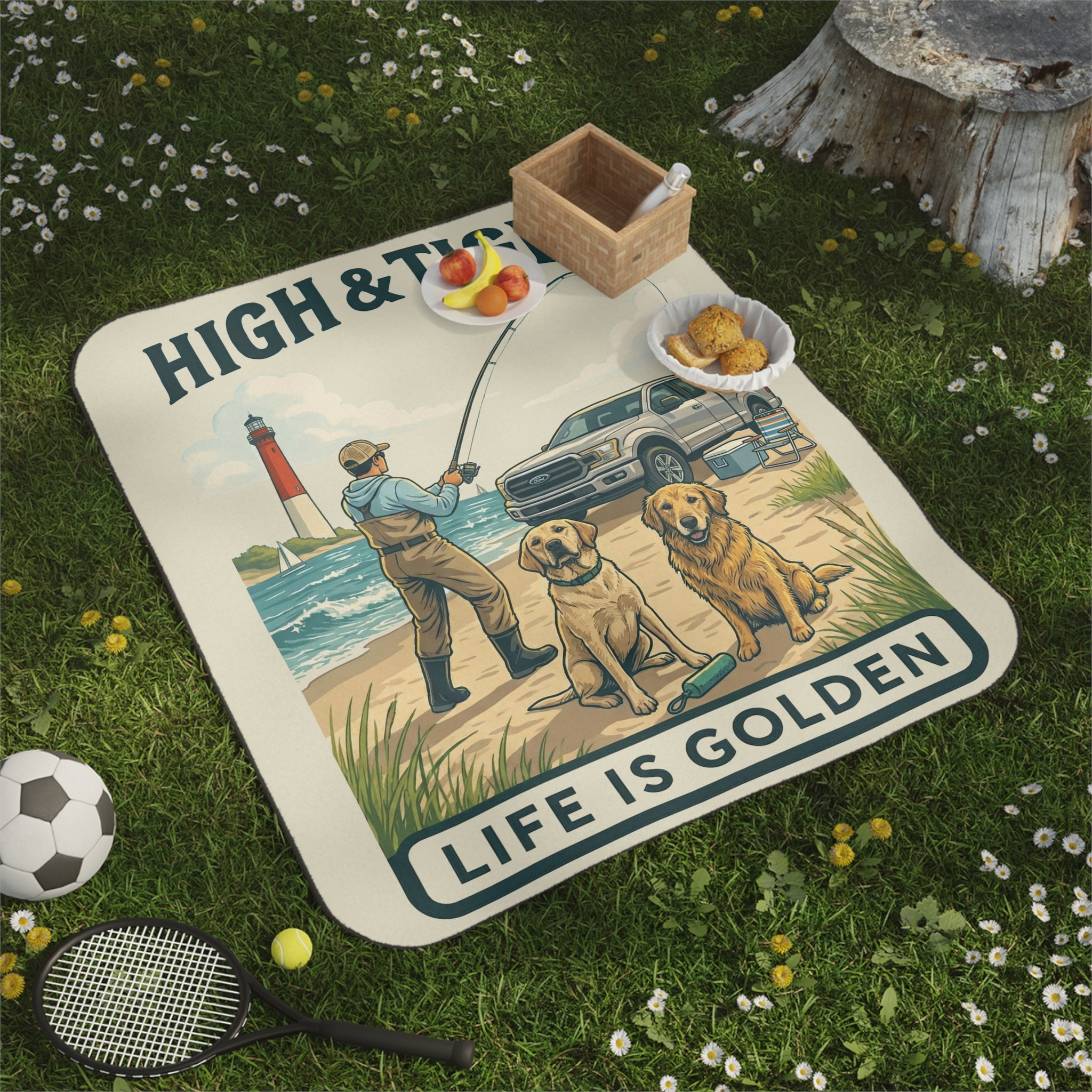 High and Tight Summer  Picnic Blanket with Water Resistant Backing