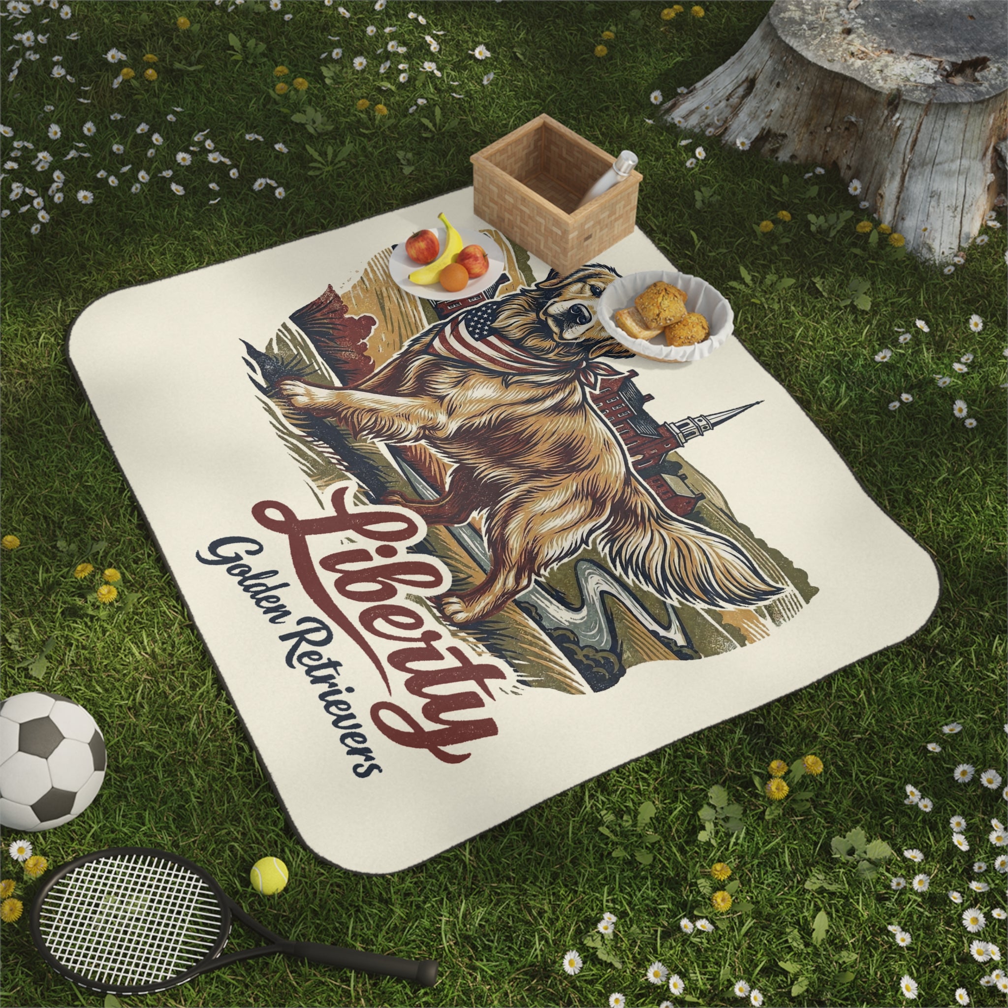 Liberty Golden Retrievers Picnic Blanket with Water Resistant Backing