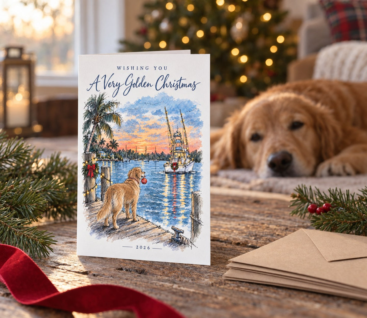 A Very Golden Christmas card on a table at home