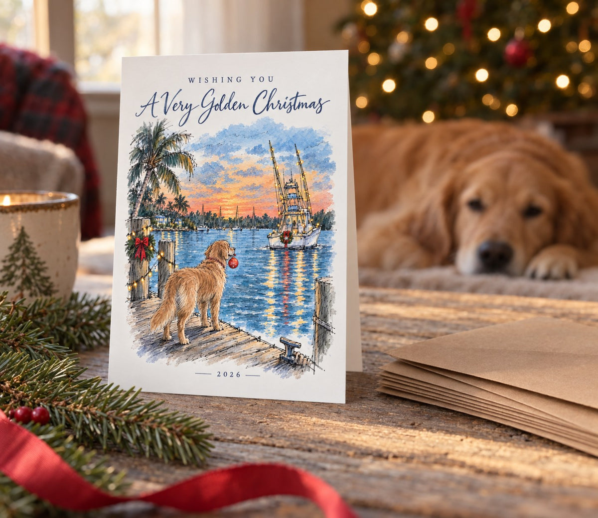 A Very Golden Christmas card on a table at home