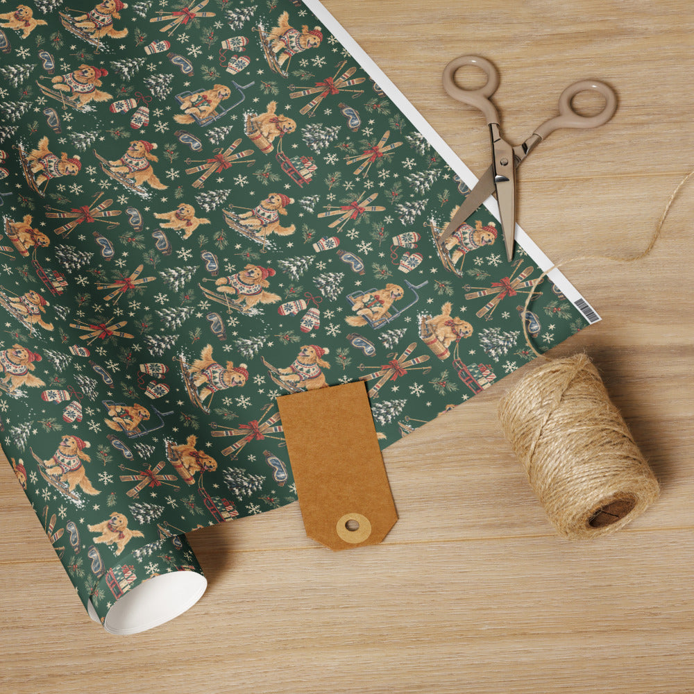 Après-Ski Goldens Wrapping Paper — the roll with scissors and twine