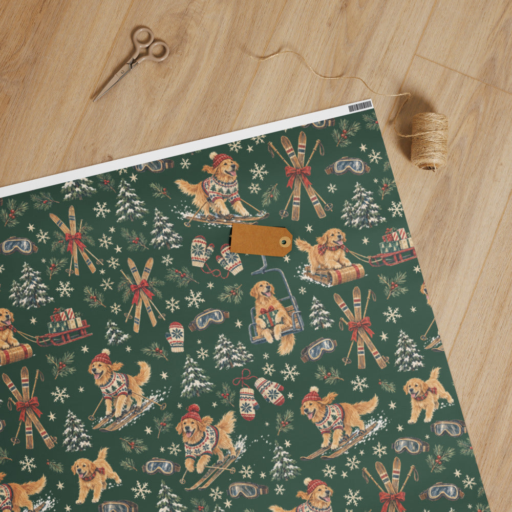 Après-Ski Goldens Wrapping Paper — unrolled on the table with scissors, twine and a gift tag