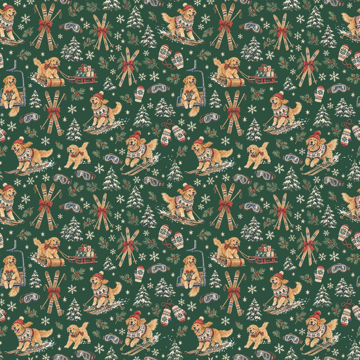 Après-Ski Goldens Wrapping Paper — the print, a 24 in square