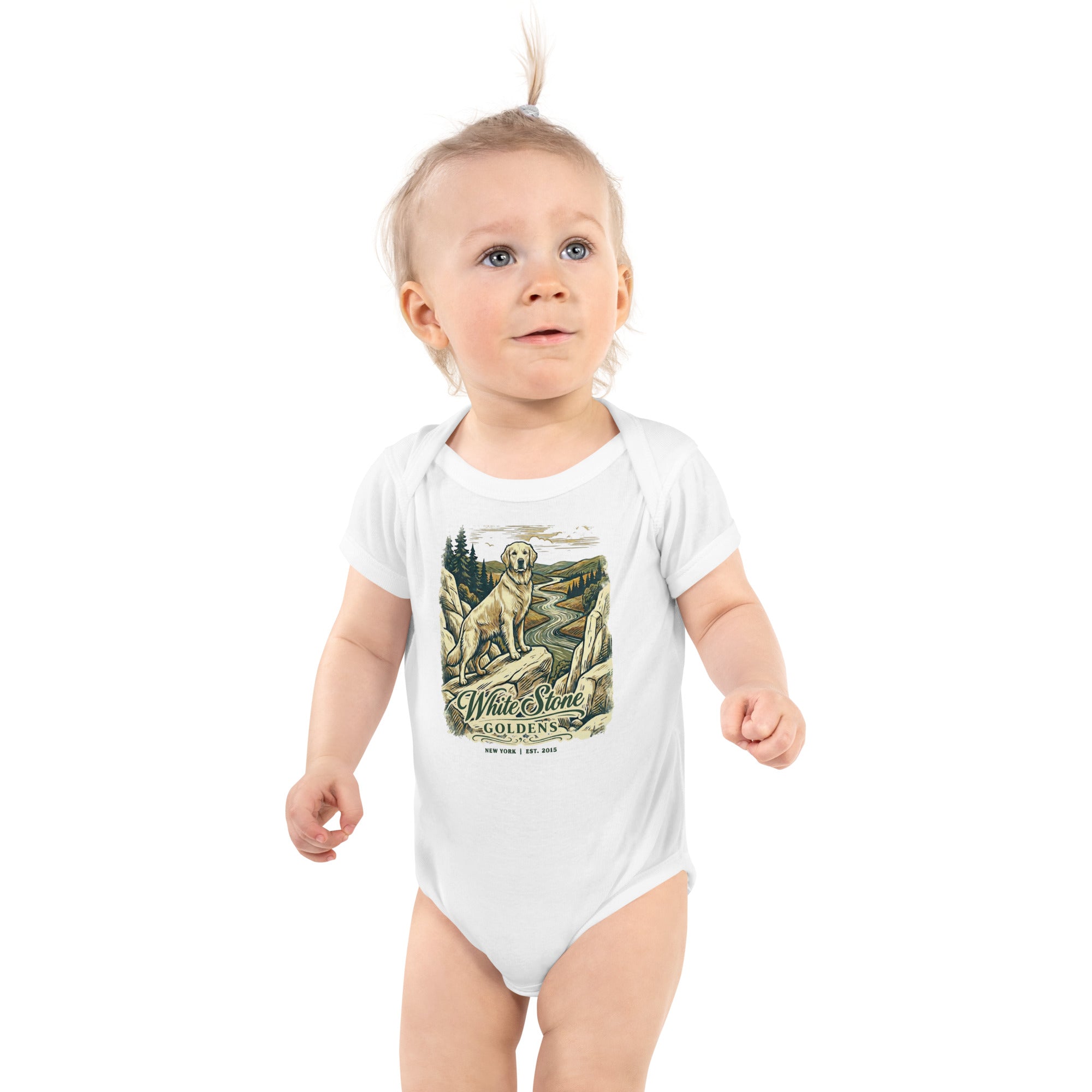 White Stone Goldens Baby Onesie