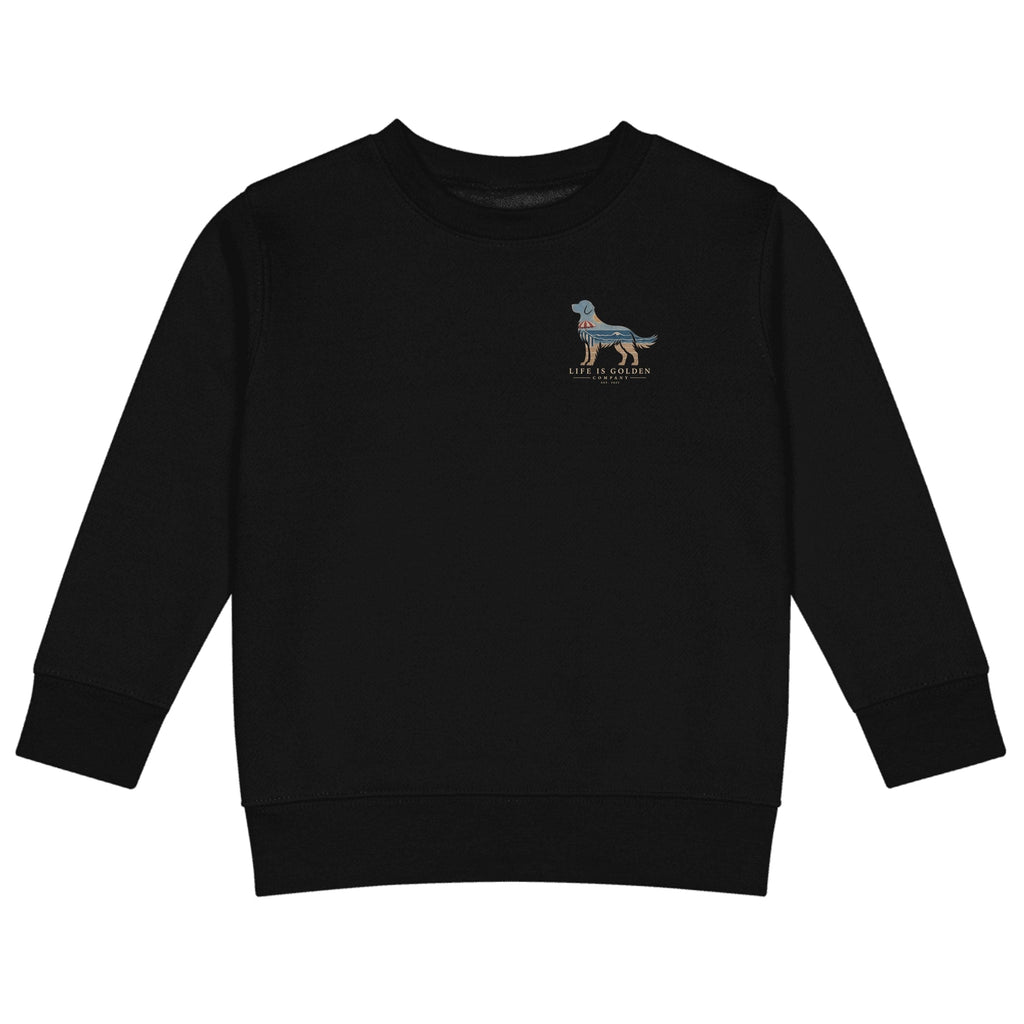 The Beach Day Golden II Kids Crewneck — Black (front)
