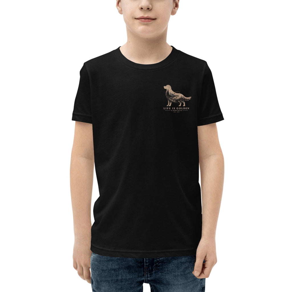 The Riverbend Golden Youth Tee — Black (front)