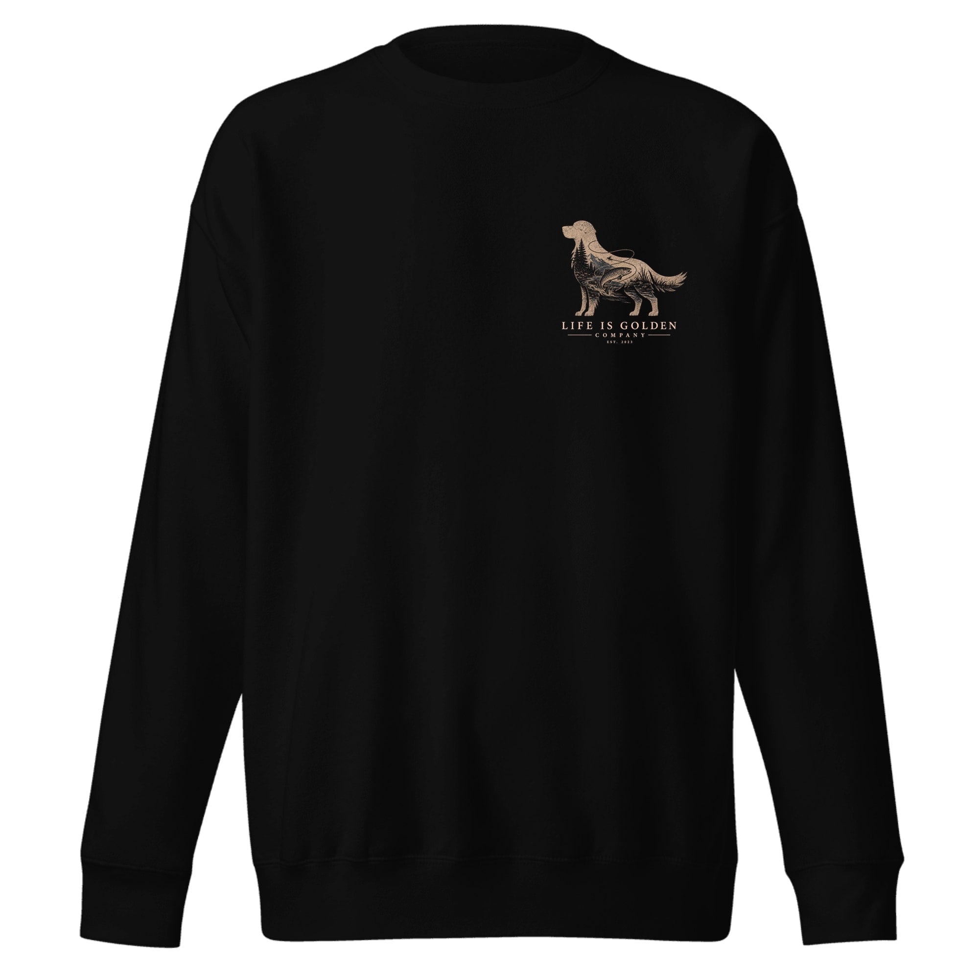 The Riverbend Golden Crewneck — Black (front)