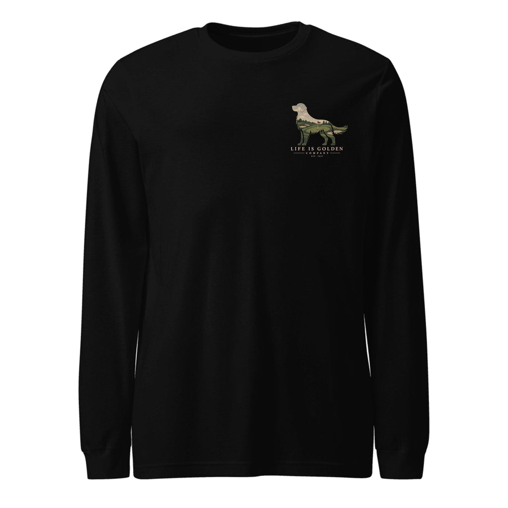The Fairway Golden Long Sleeve — Black Heather (front)