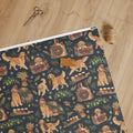 Brewmaster's Christmas Wrapping Paper — unrolled on the table with scissors, twine and a gift tag