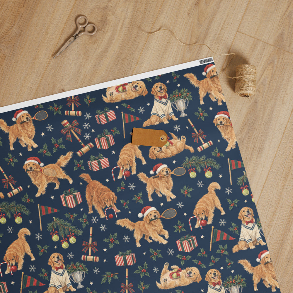 Christmas at the Club Wrapping Paper — unrolled on the table with scissors, twine and a gift tag