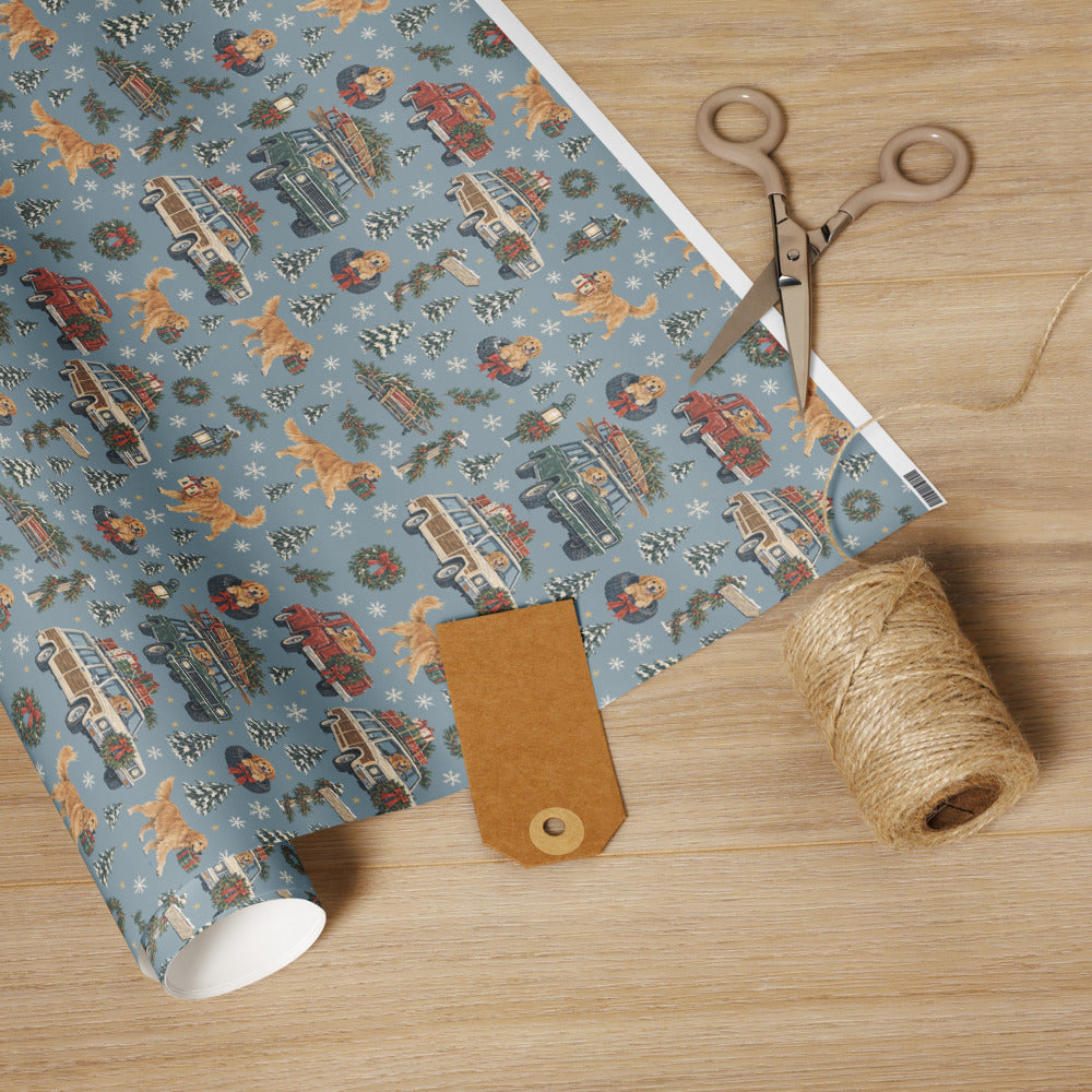 Christmas Convoy Wrapping Paper — the roll with scissors and twine