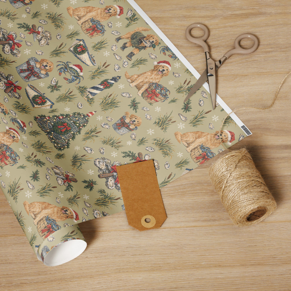 Crab Pot Christmas Wrapping Paper — the roll with scissors and twine