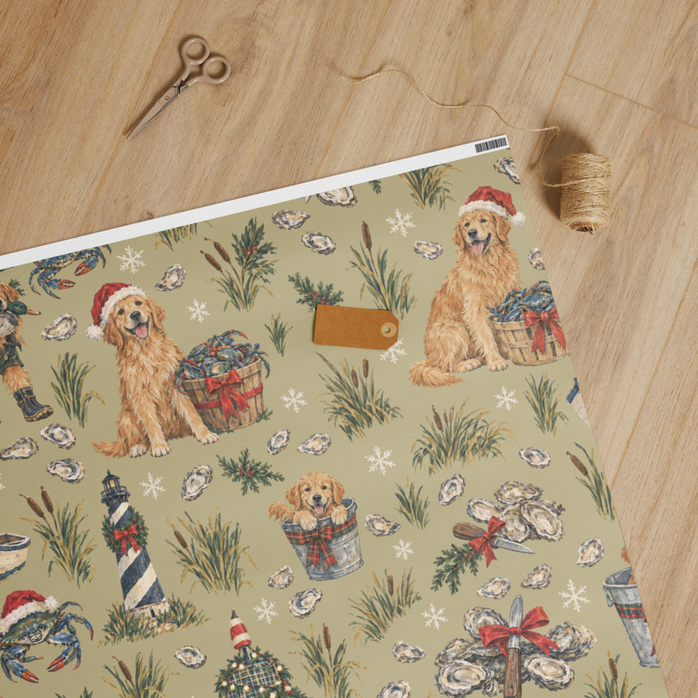 Crab Pot Christmas Wrapping Paper — unrolled on the table with scissors, twine and a gift tag