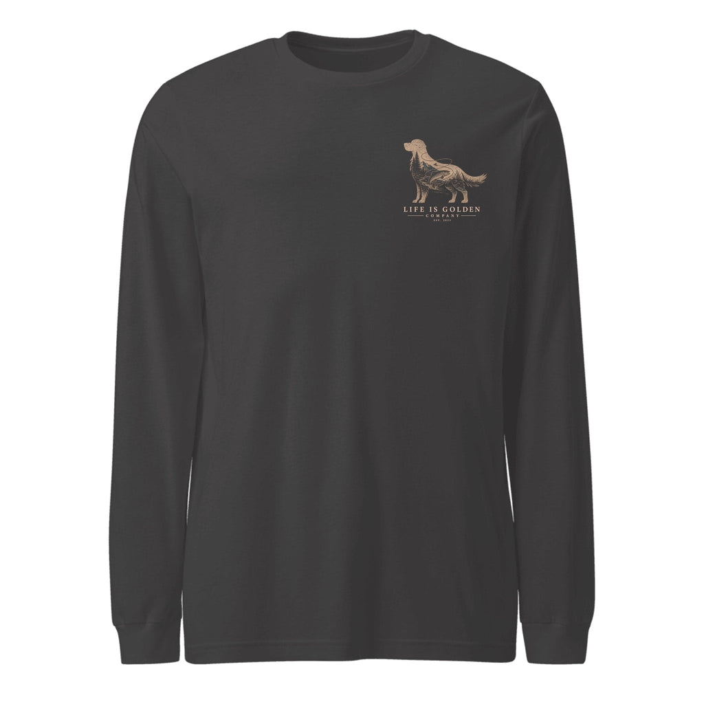 The Riverbend Golden Long Sleeve — Dark Grey Heather (front)