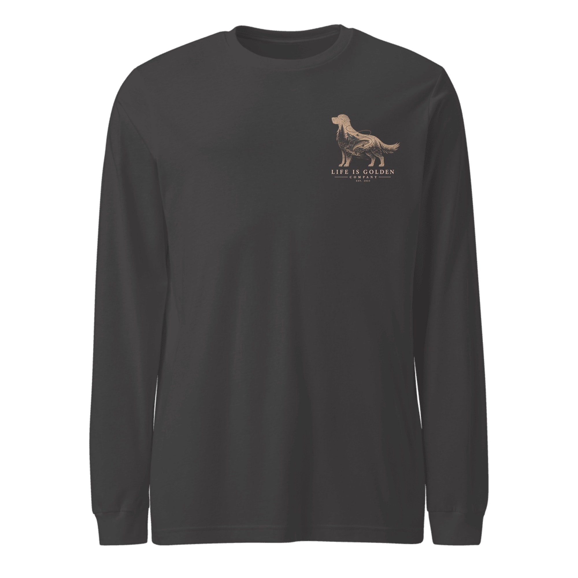 The Riverbend Golden Long Sleeve — Dark Grey Heather (front)