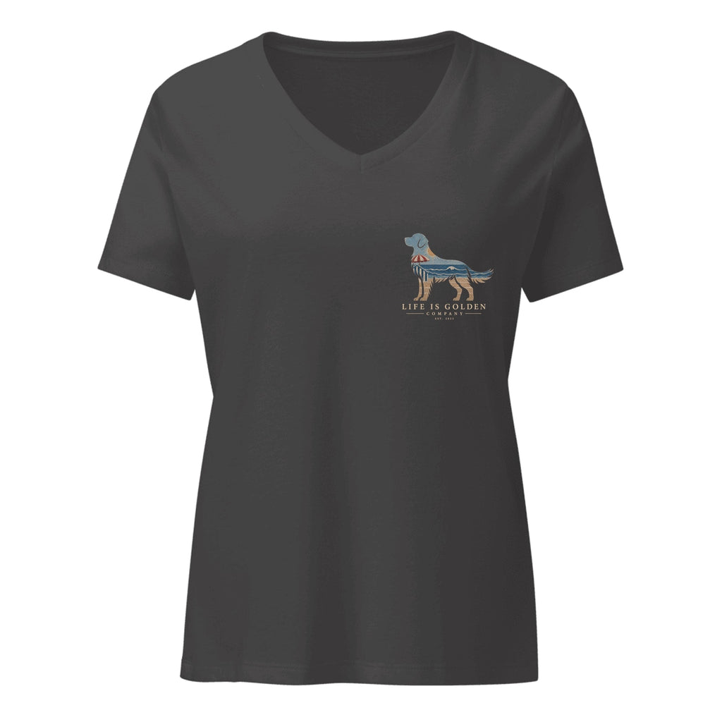 The Beach Day Golden II Women's V-Neck — Dark Grey Heather (front)