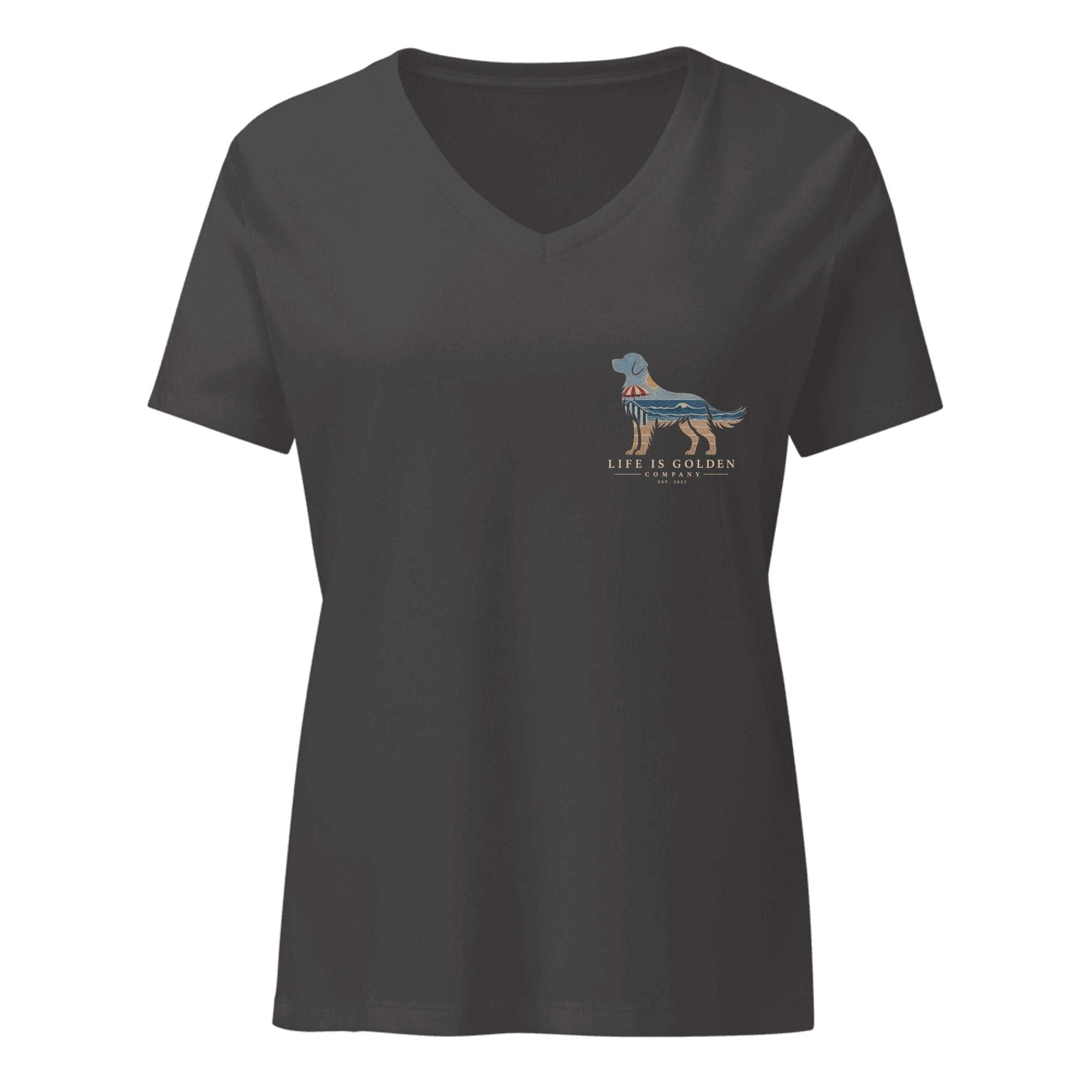 The Beach Day Golden II Women's V-Neck — Dark Grey Heather (front)