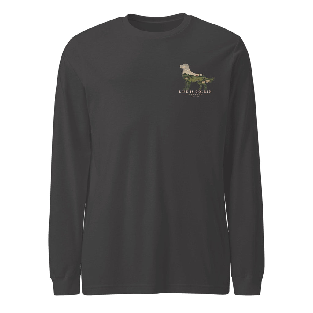 The Fairway Golden Long Sleeve — Dark Grey Heather (front)