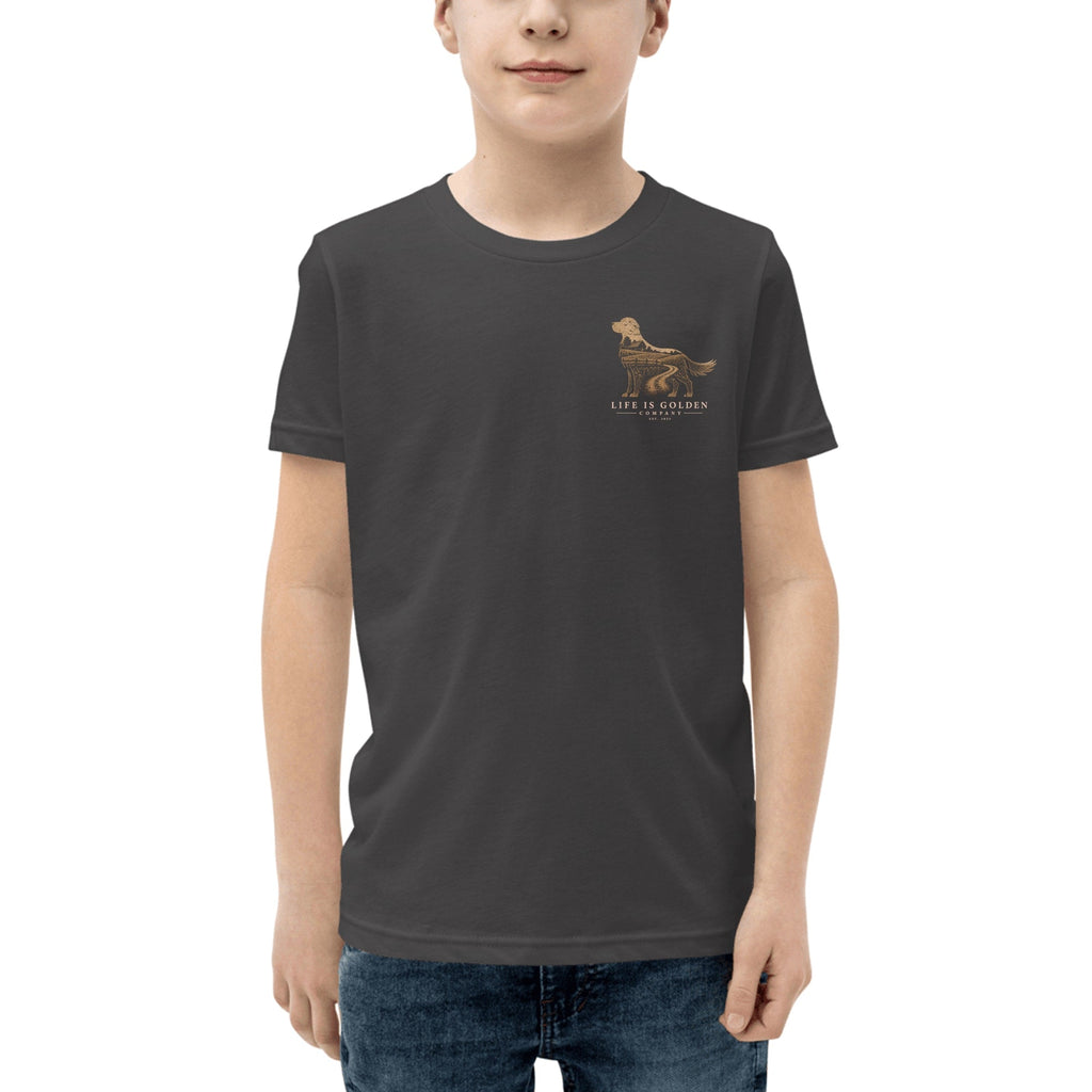 The Homestead Golden Youth Tee — Dark Grey Heather (front)