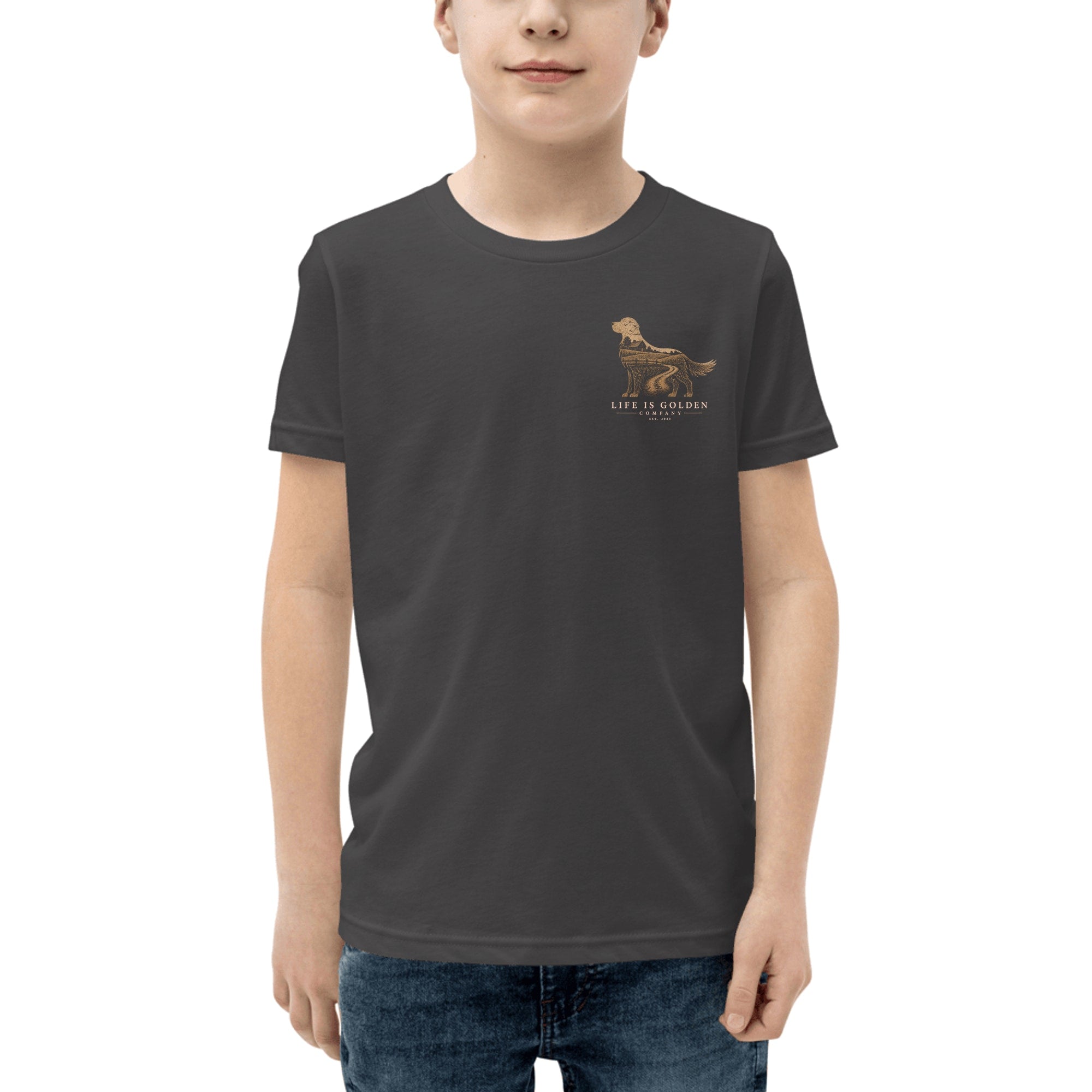 The Homestead Golden Youth Tee — Dark Grey Heather (front)
