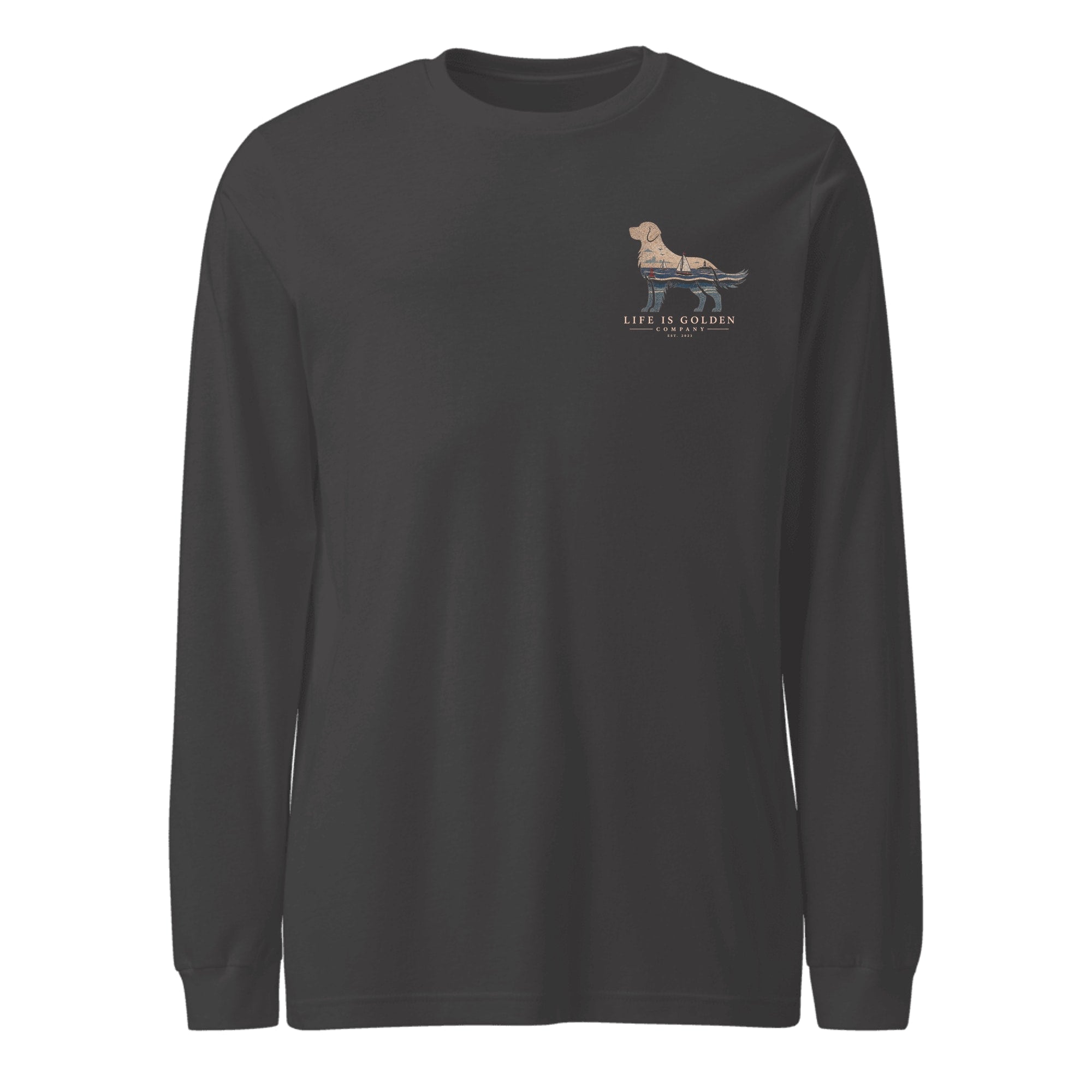 The Harborside Golden Long Sleeve — Dark Grey Heather (front)