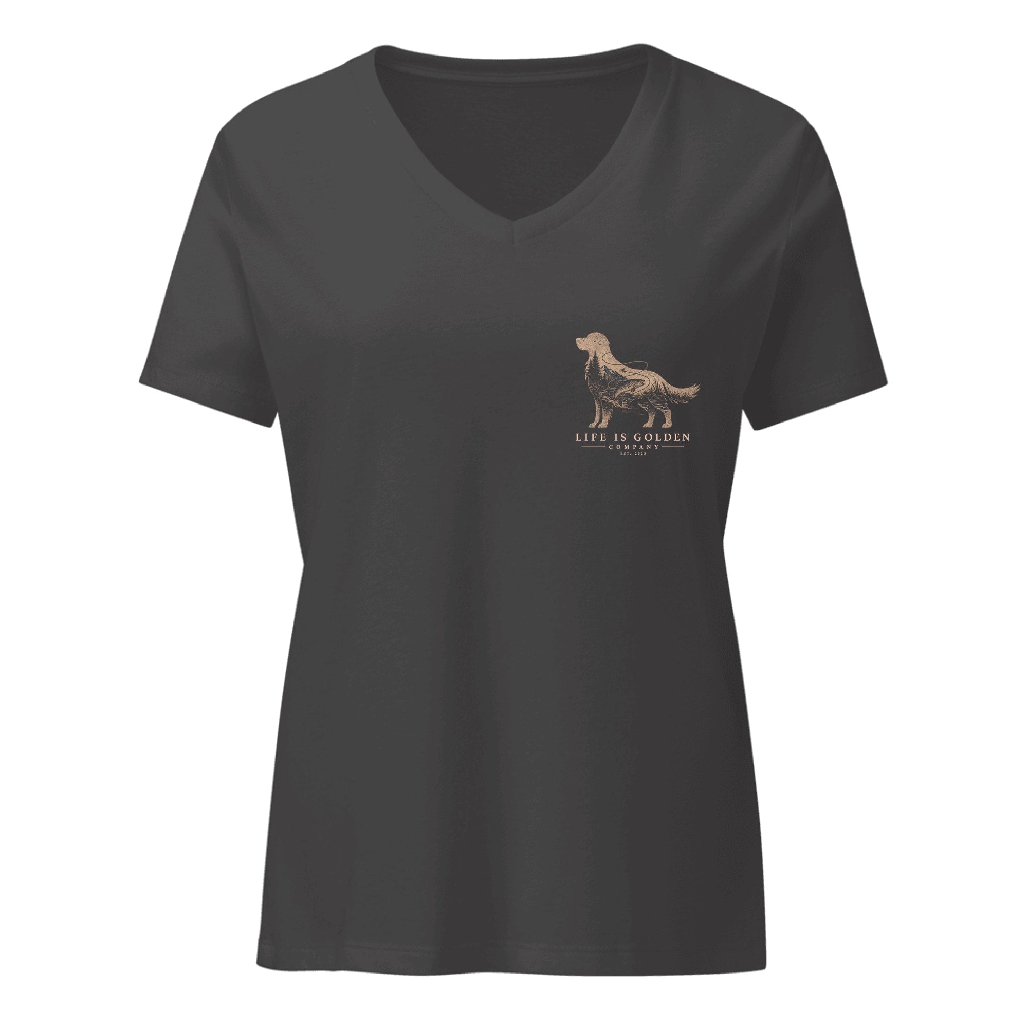 The Riverbend Golden II Women's V-Neck — Dark Grey Heather (front)