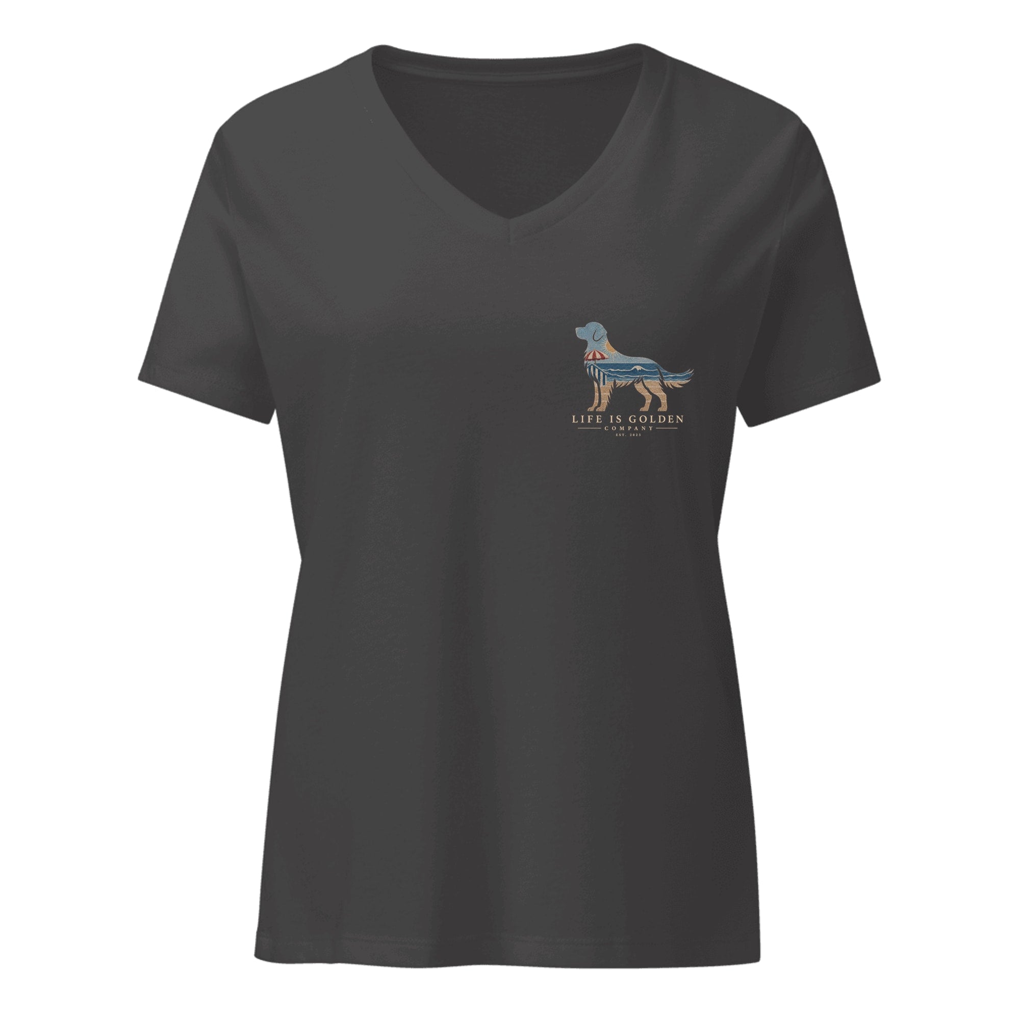 The Beach Day Golden Tee — Women's V-Neck — Dark Grey Heather (front)