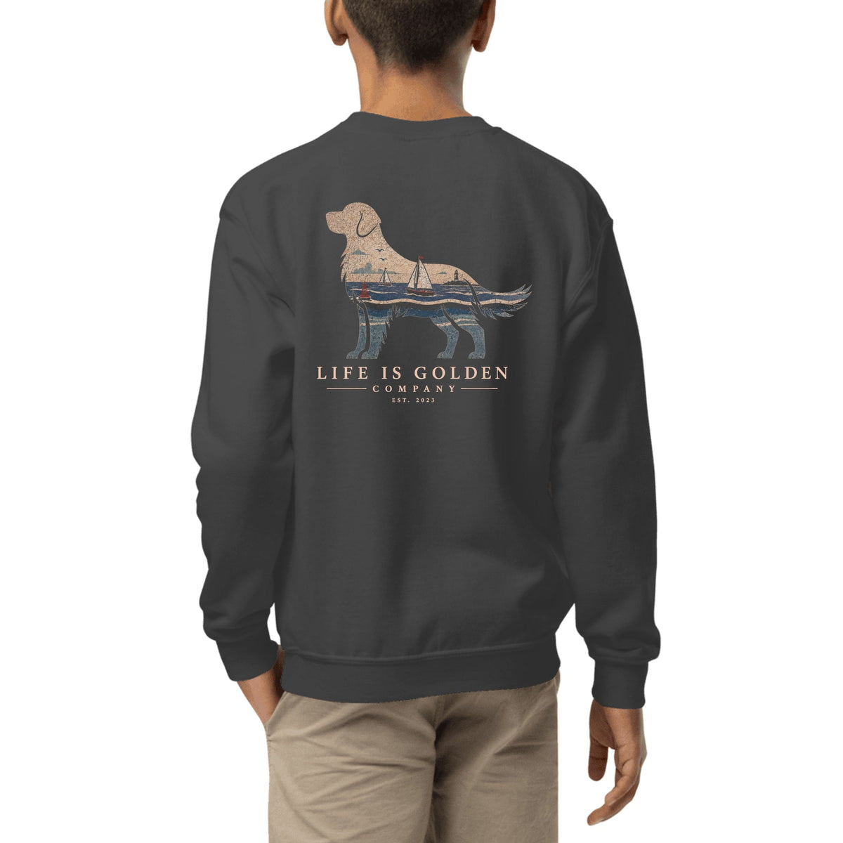The Harborside Golden Youth Crewneck — Dark Heather