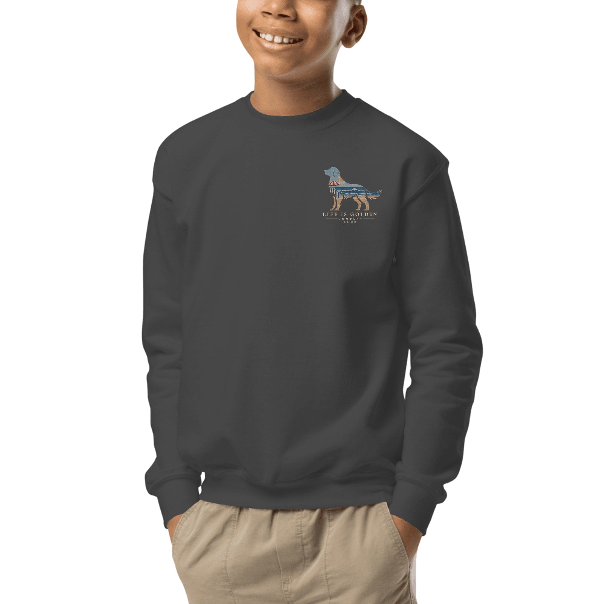 The Beach Day Golden Youth Crewneck — Dark Heather (front)