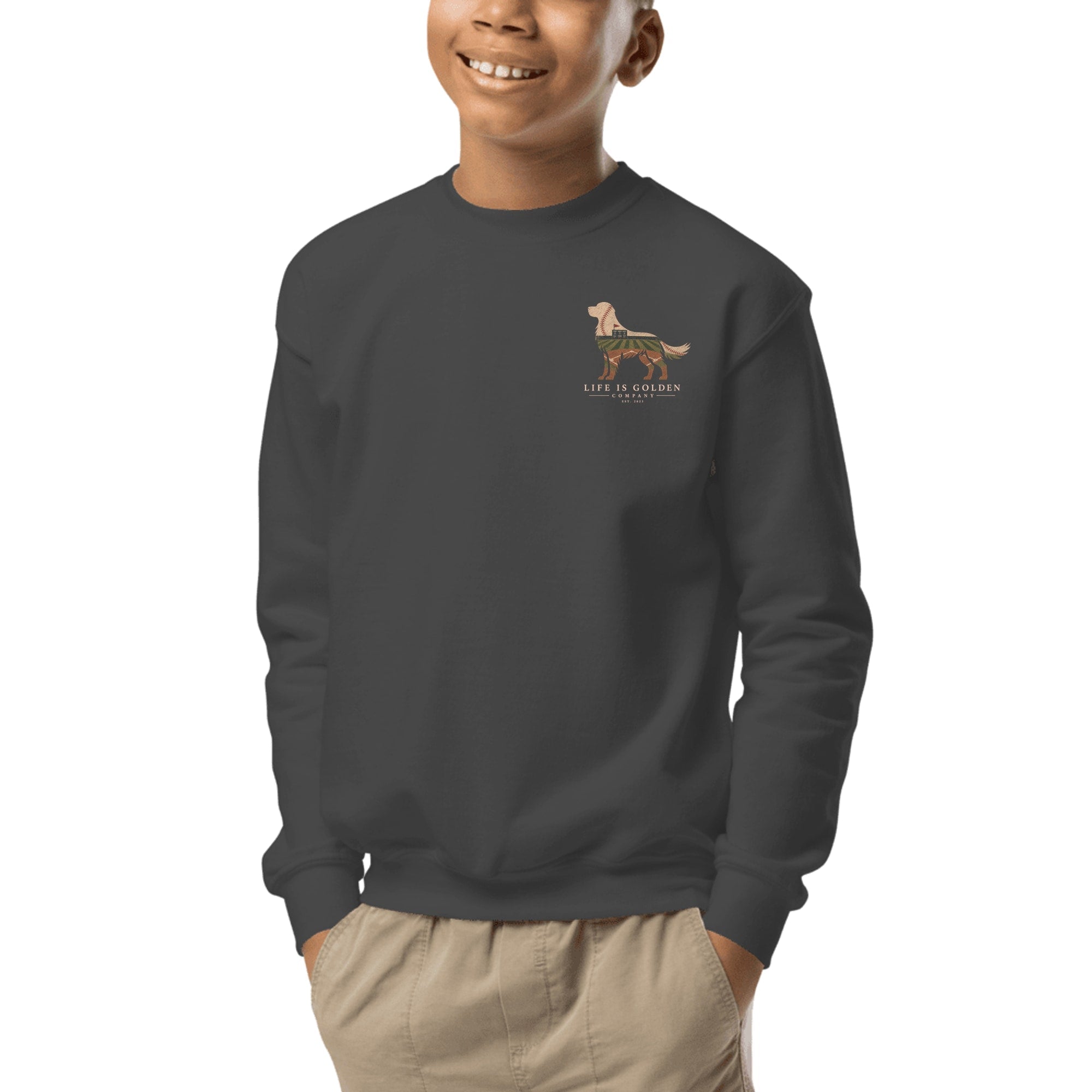 The Home Team Golden Youth Crewneck — Dark Heather (front)