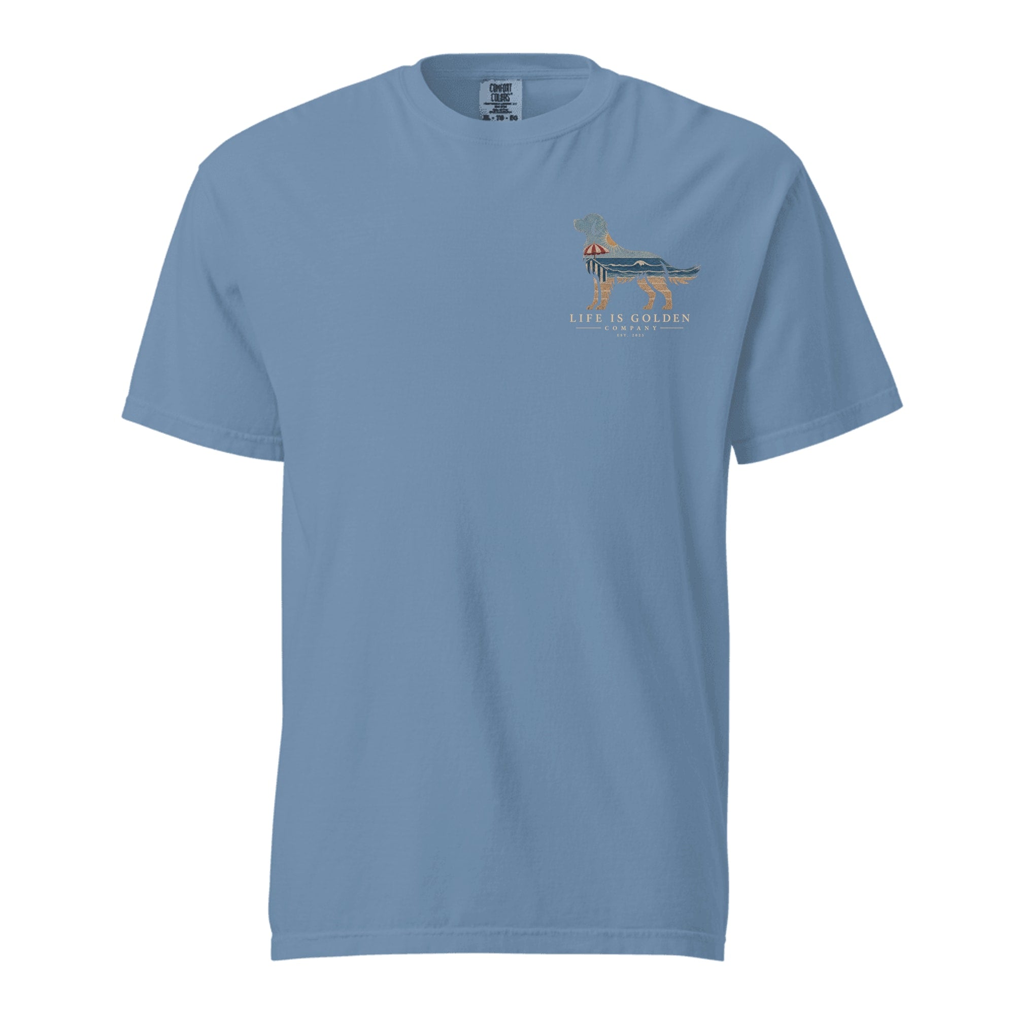 The Beach Day Golden Tee — Heavyweight Tee — Denim (front)