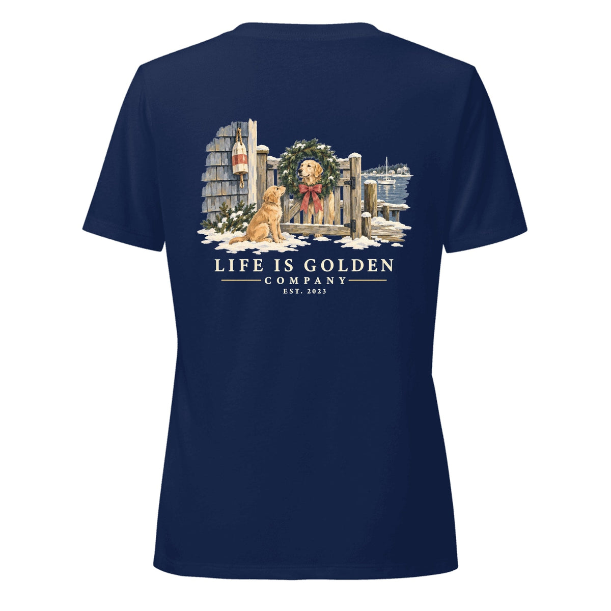 Wreath Greeter Women’s V-Neck — Heather Navy