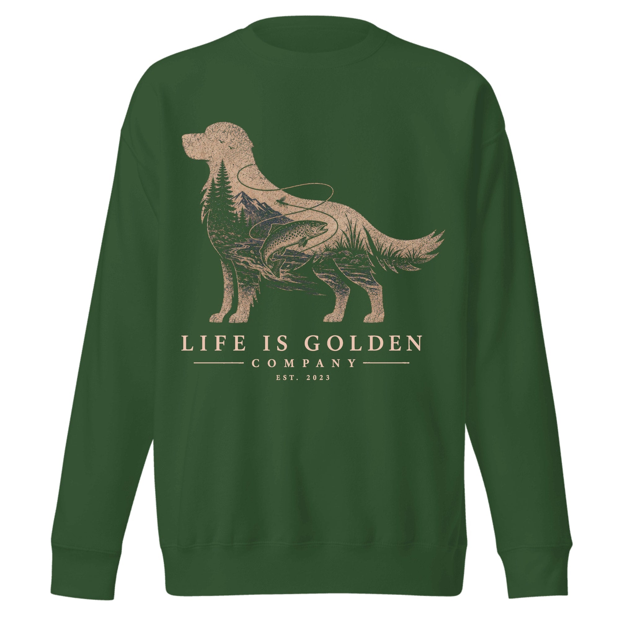 The Riverbend Golden Crewneck — Forest Green