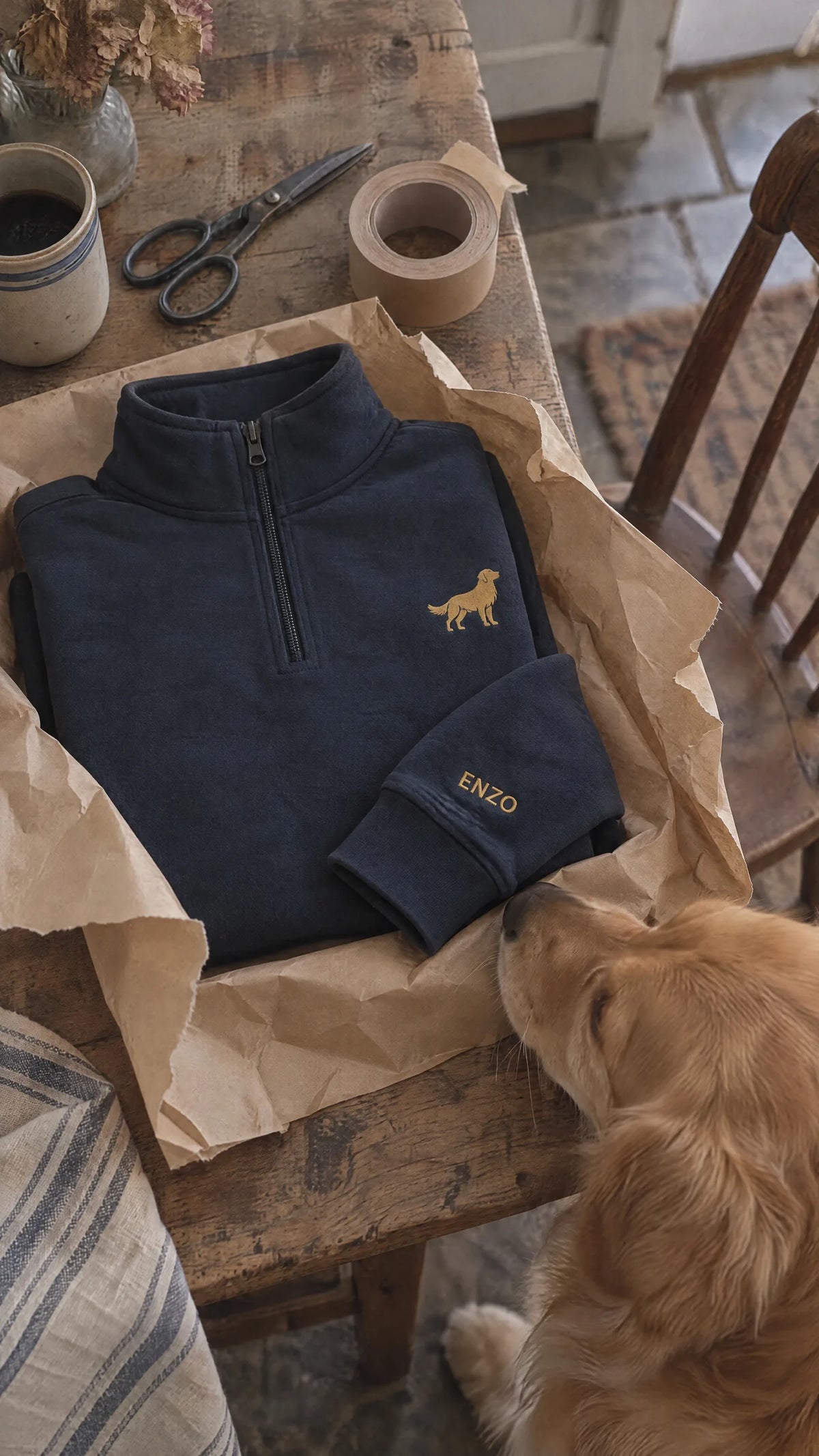 Everyday Golden Quarter Zip — holiday gift styling on a wrapping table