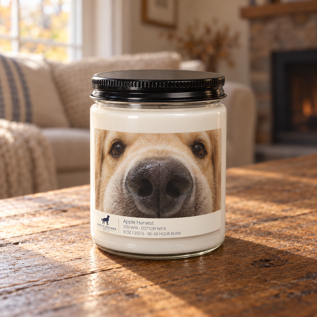 Golden Boop Candle — English Cream / Apple Harvest on a wooden coffee table