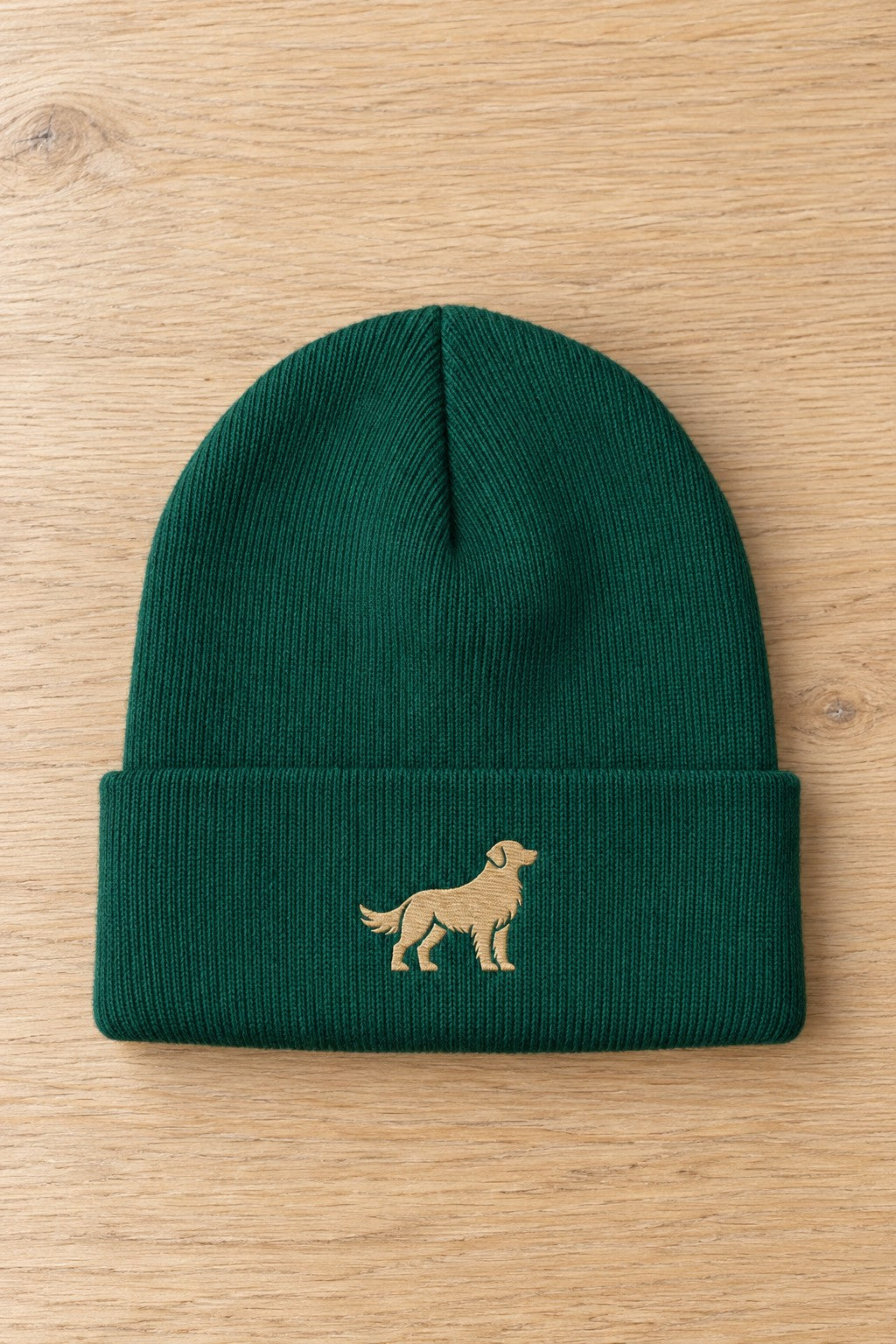 Golden Cuffed Beanie — flat lay oak